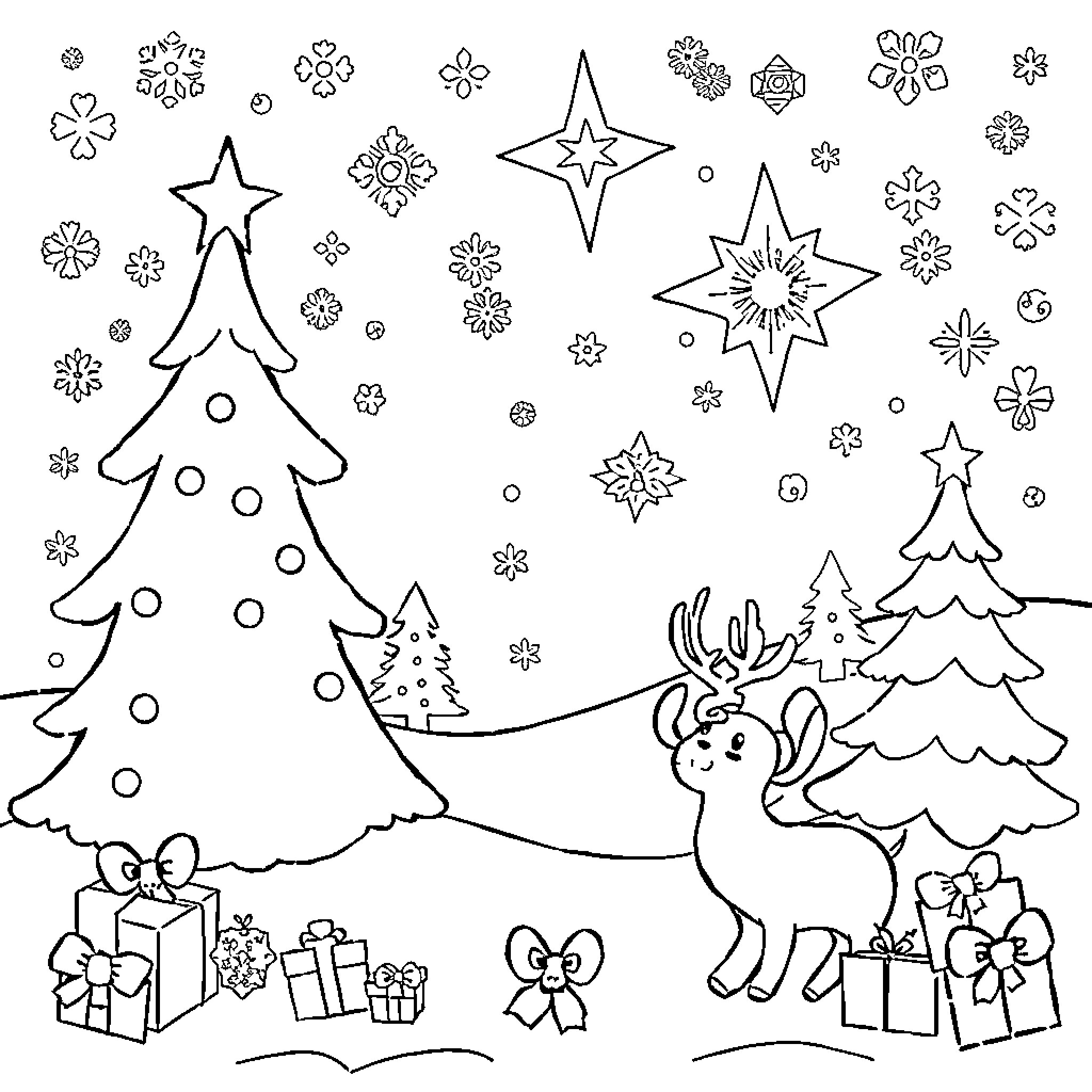 Christmas scene with trees, reindeer, and decorations Coloring Page (free black-and-white line drawing printable PDF for all, from beginners to advanced learners, including children, teens, adults, and seniors)