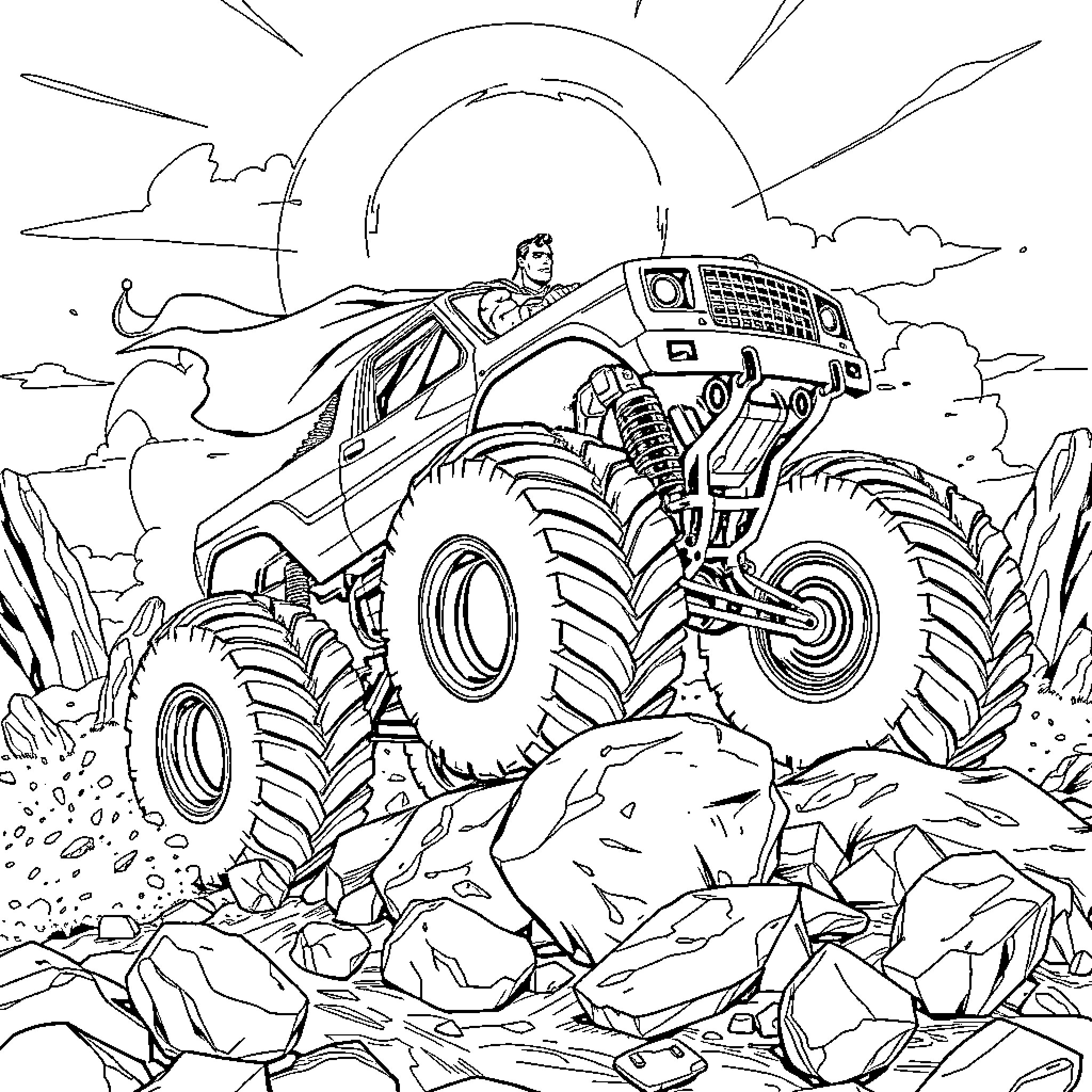 Superman driving a powerful monster truck Coloring Page (free black-and-white line drawing printable PDF for all, from beginners to advanced learners, including children, teens, adults, and seniors)