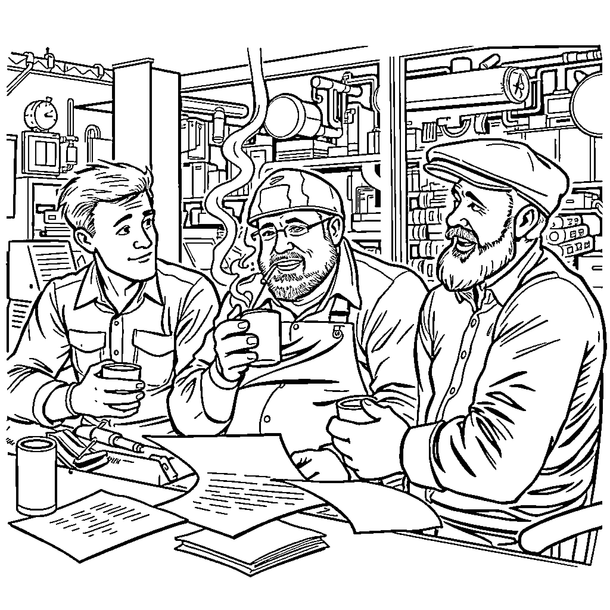 Men discussing work plans in industrial setting Coloring Page (free black-and-white line drawing printable PDF for all, from beginners to advanced learners, including children, teens, adults, and seniors)