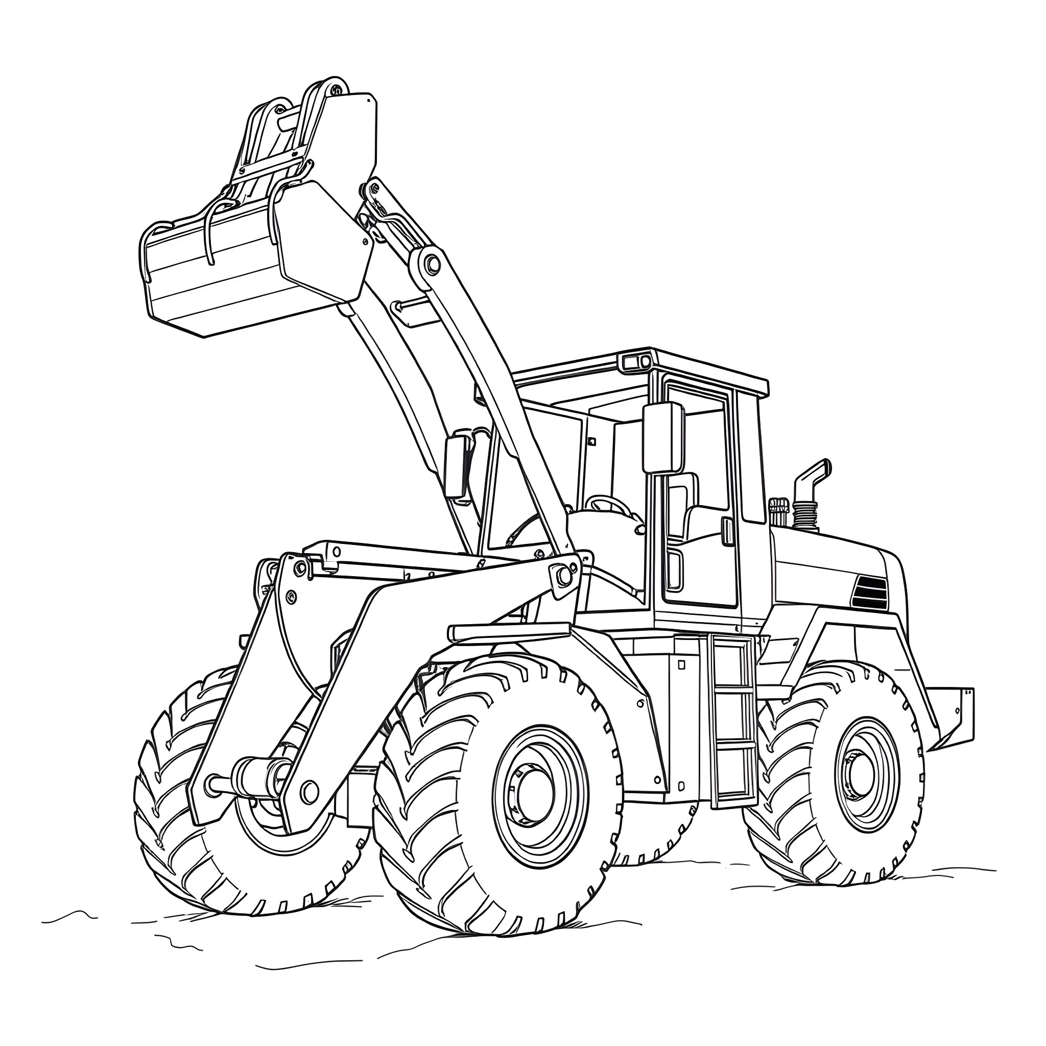 Knuckleboom Loader with Mechanical Arms and Large Tires Coloring Page (free black-and-white line drawing printable PDF for all, from beginners to advanced learners, including children, teens, adults, and seniors)