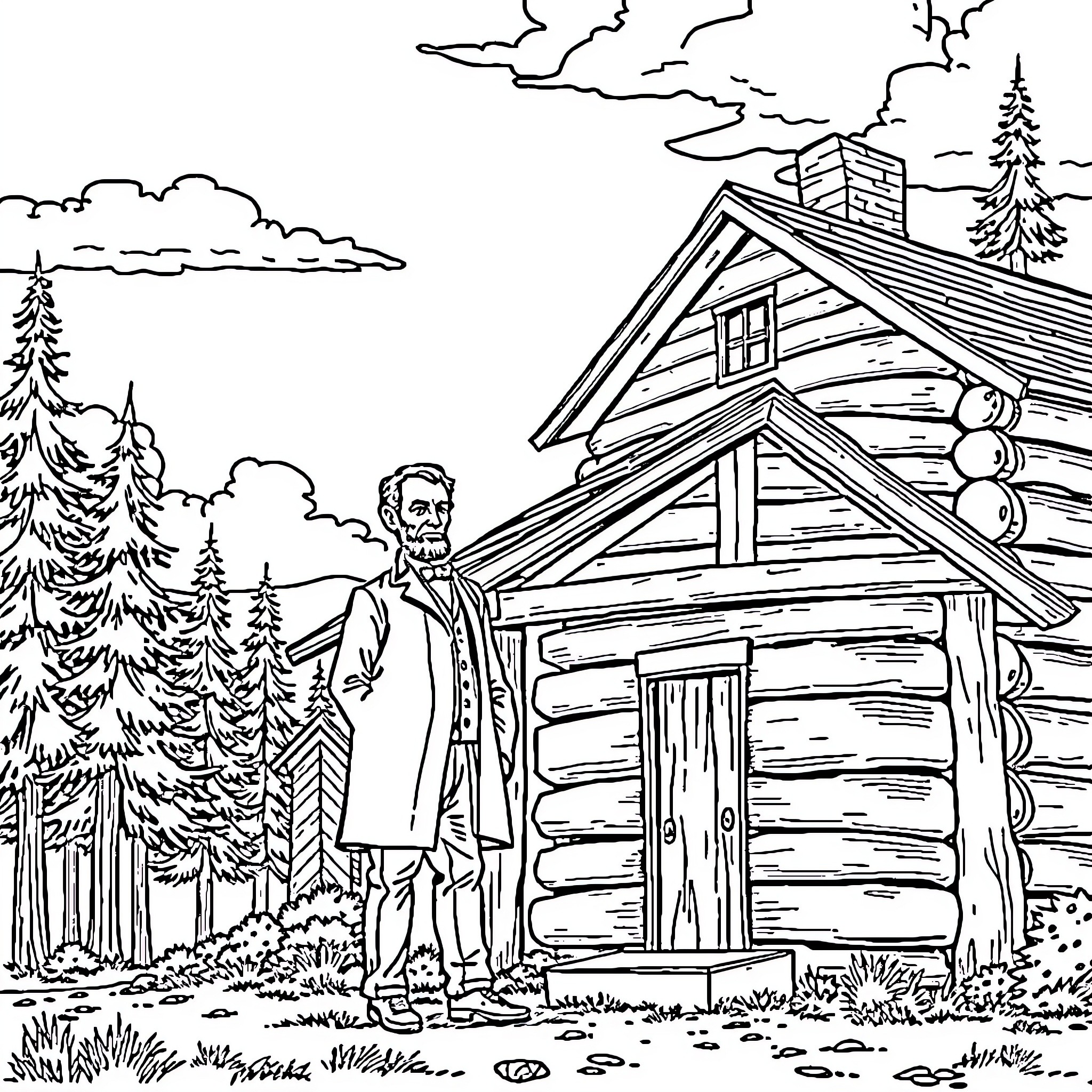 Abraham Lincoln standing in front of rustic log cabin in woods Coloring Page (free black-and-white line drawing printable PDF for all, from beginners to advanced learners, including children, teens, adults, and seniors)