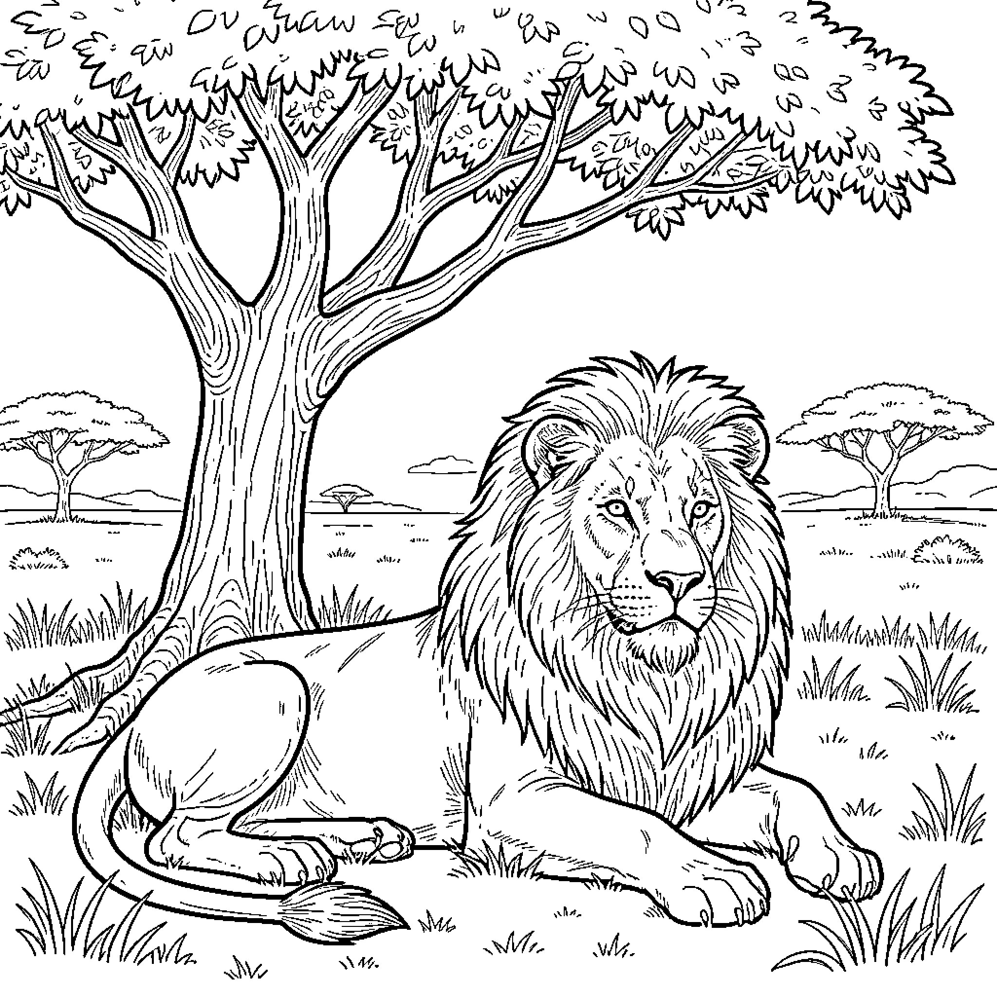 Lion resting in the serene savanna Coloring Page (free black-and-white line drawing printable PDF for all, from beginners to advanced learners, including children, teens, adults, and seniors)