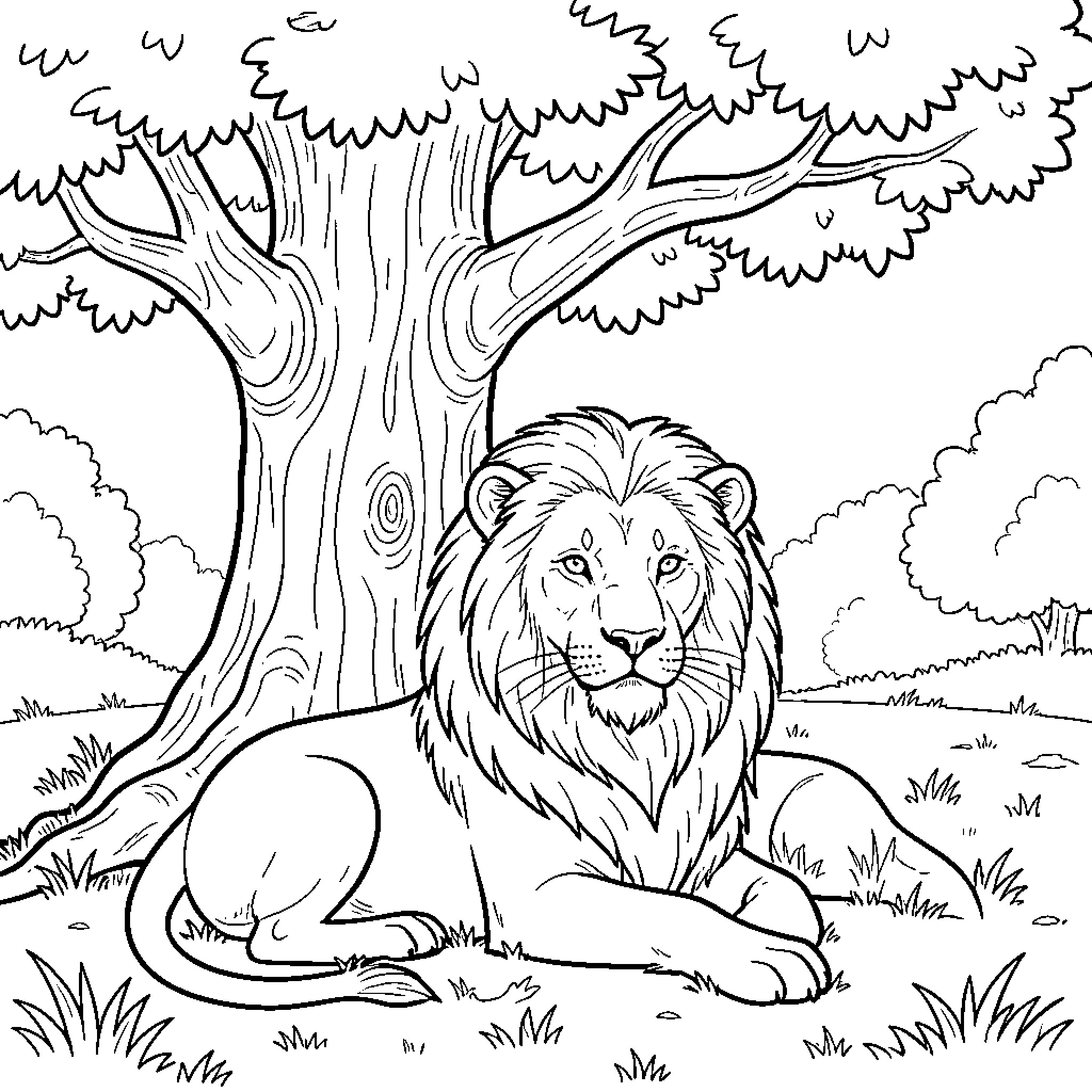 Lion resting under a large tree in the wilderness Coloring Page (free black-and-white line drawing printable PDF for all, from beginners to advanced learners, including children, teens, adults, and seniors)