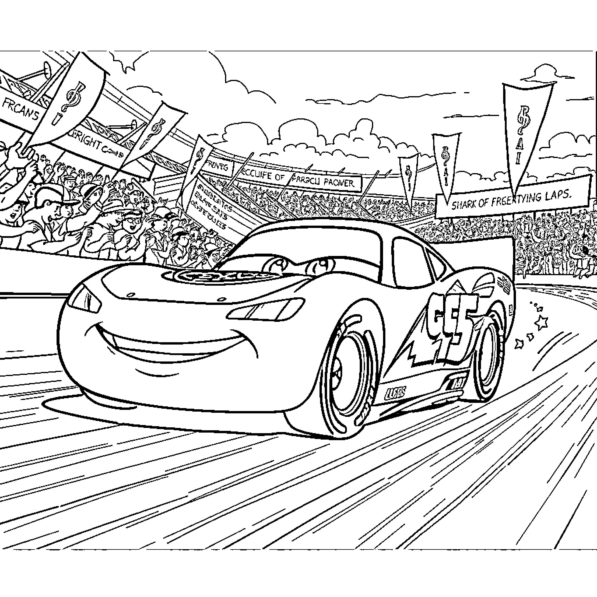 Lightning McQueen racing on the track with fans cheering Coloring Page (free black-and-white line drawing printable PDF for all, from beginners to advanced learners, including children, teens, adults, and seniors)