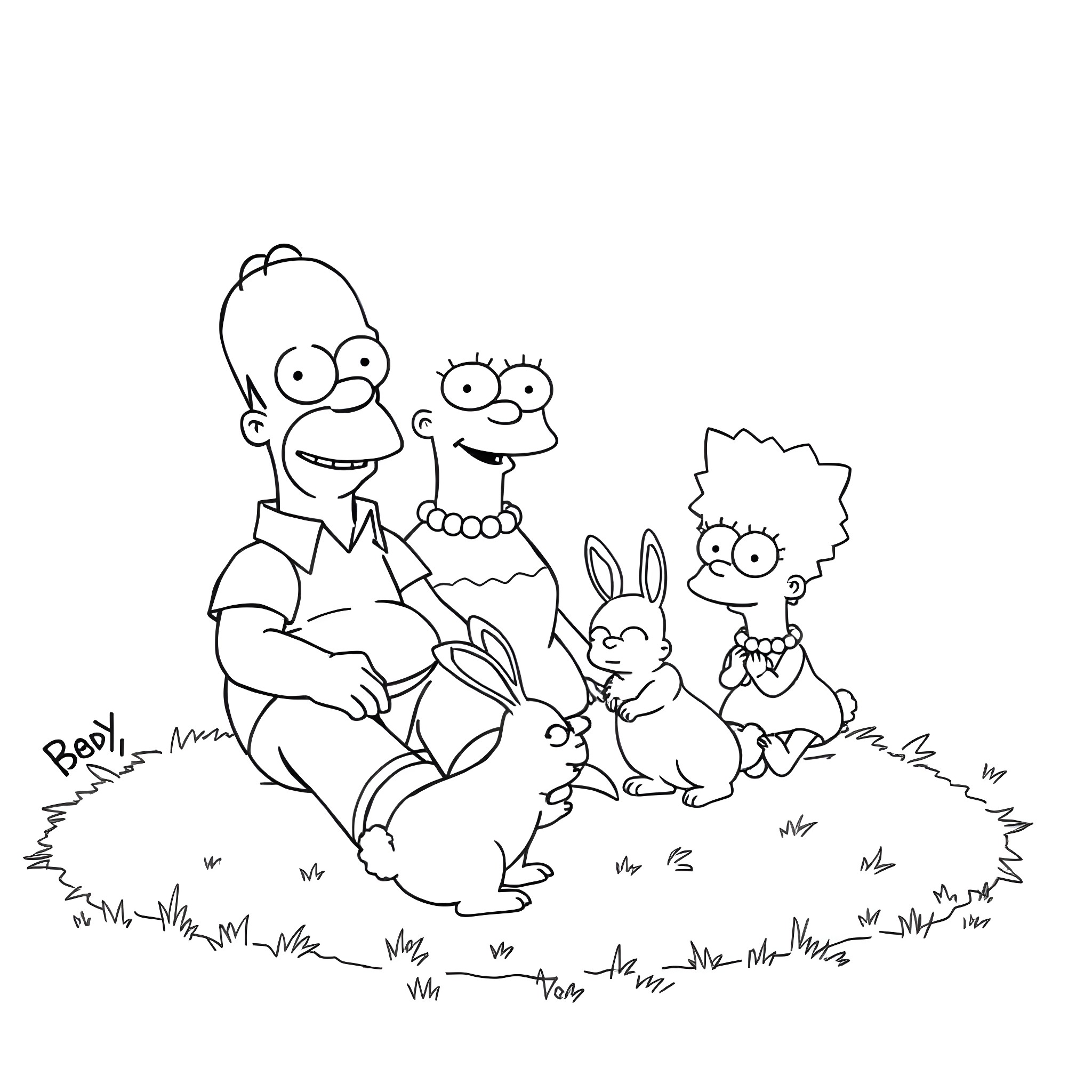 Simpson family enjoying a peaceful outdoor scene Coloring Page (free black-and-white line drawing printable PDF for all, from beginners to advanced learners, including children, teens, adults, and seniors)