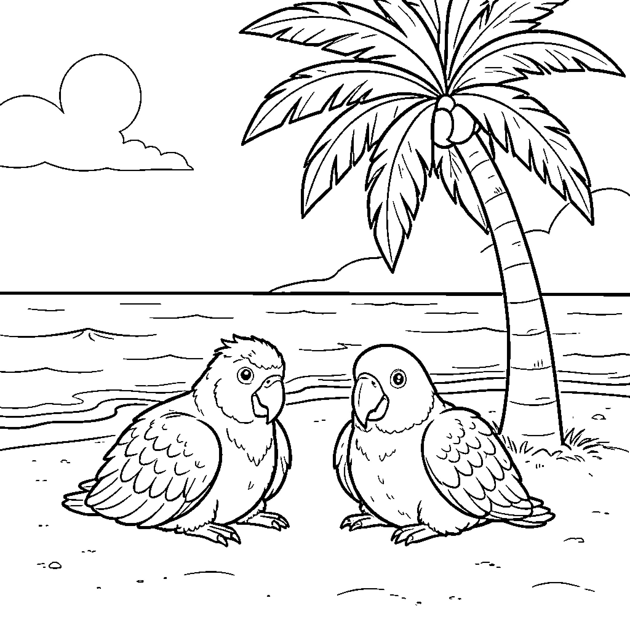 Coccorito parrots sitting together on a tropical beach Coloring Page (free black-and-white line drawing printable PDF for all, from beginners to advanced learners, including children, teens, adults, and seniors)