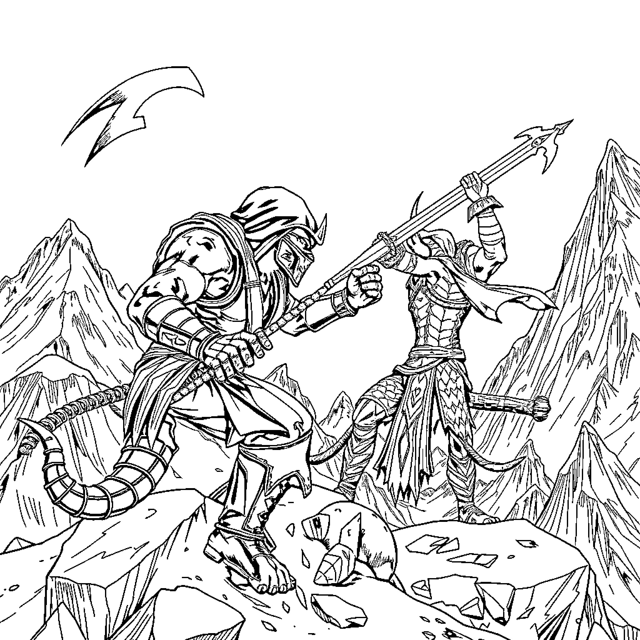 Scorpion warriors in fierce combat atop rugged mountains Coloring Page (free black-and-white line drawing printable PDF for all, from beginners to advanced learners, including children, teens, adults, and seniors)