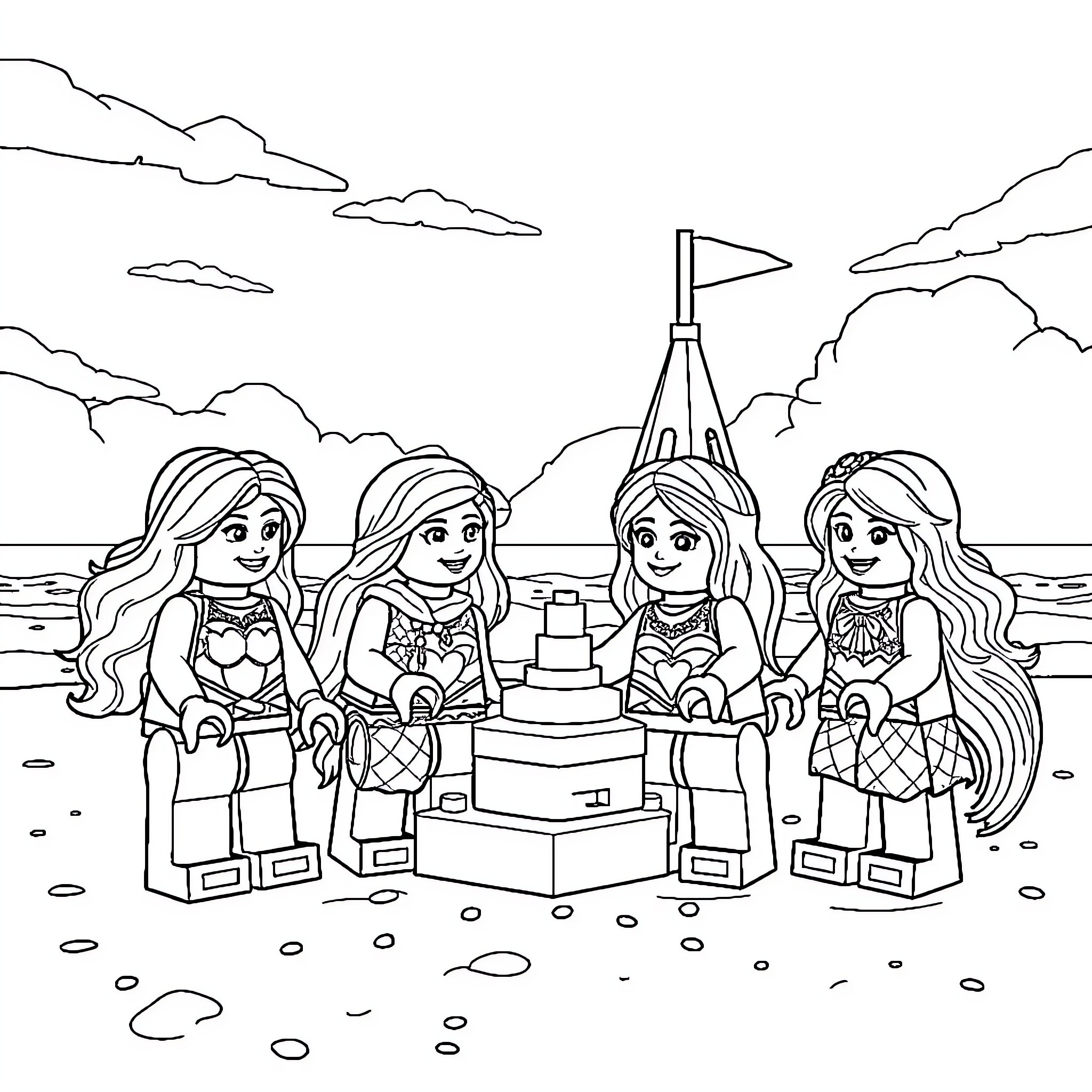 Lego Friends enjoying a day at the beach Coloring Page (free black-and-white line drawing printable PDF for all, from beginners to advanced learners, including children, teens, adults, and seniors)