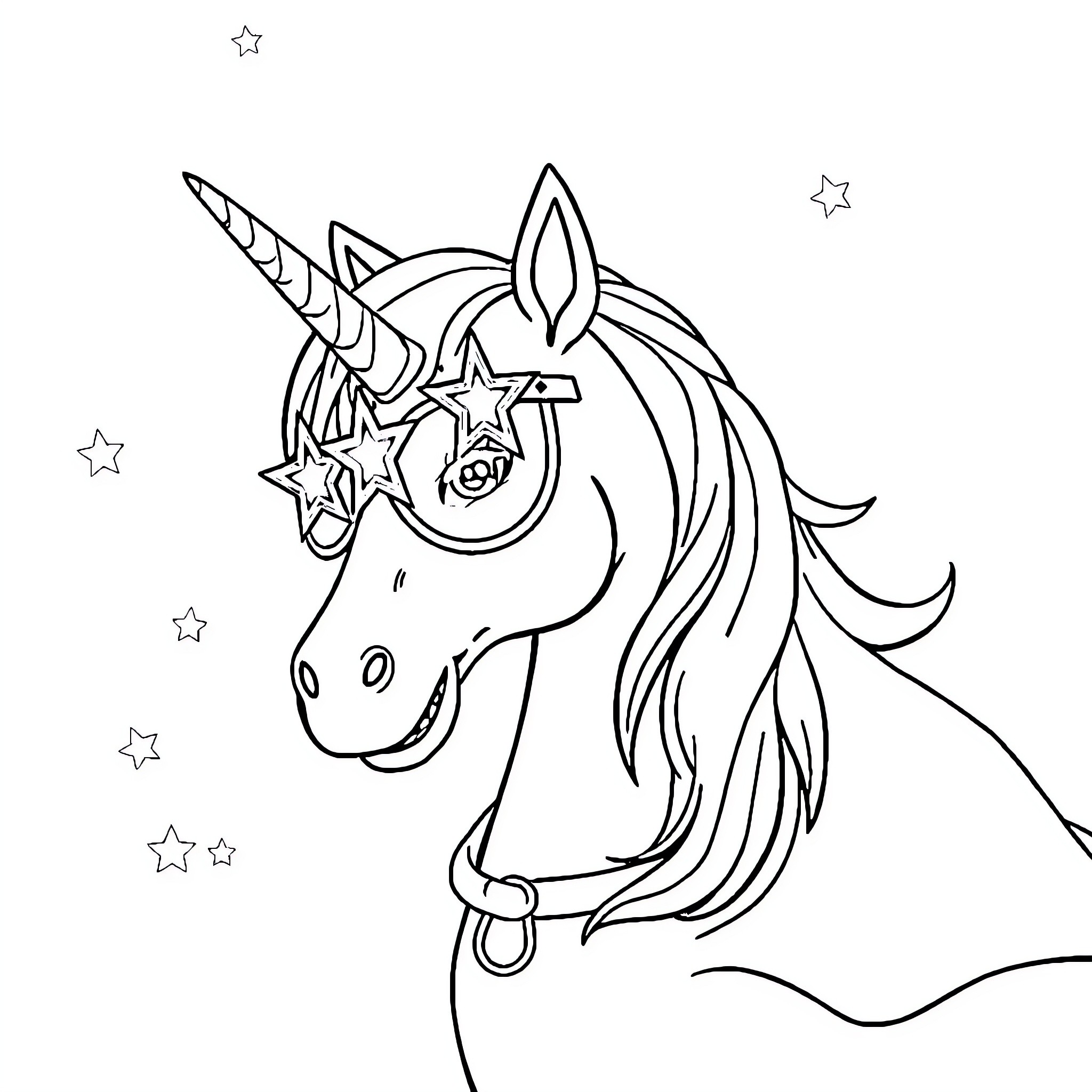 Unicorn with star accessories and stars Coloring Page (free black-and-white line drawing printable PDF for all, from beginners to advanced learners, including children, teens, adults, and seniors)