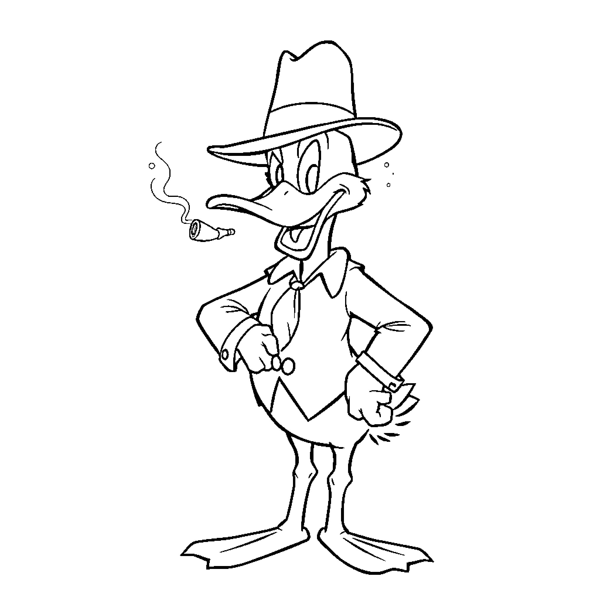 Howard the Duck in detective-style outfit and pose Coloring Page (free black-and-white line drawing printable PDF for all, from beginners to advanced learners, including children, teens, adults, and seniors)