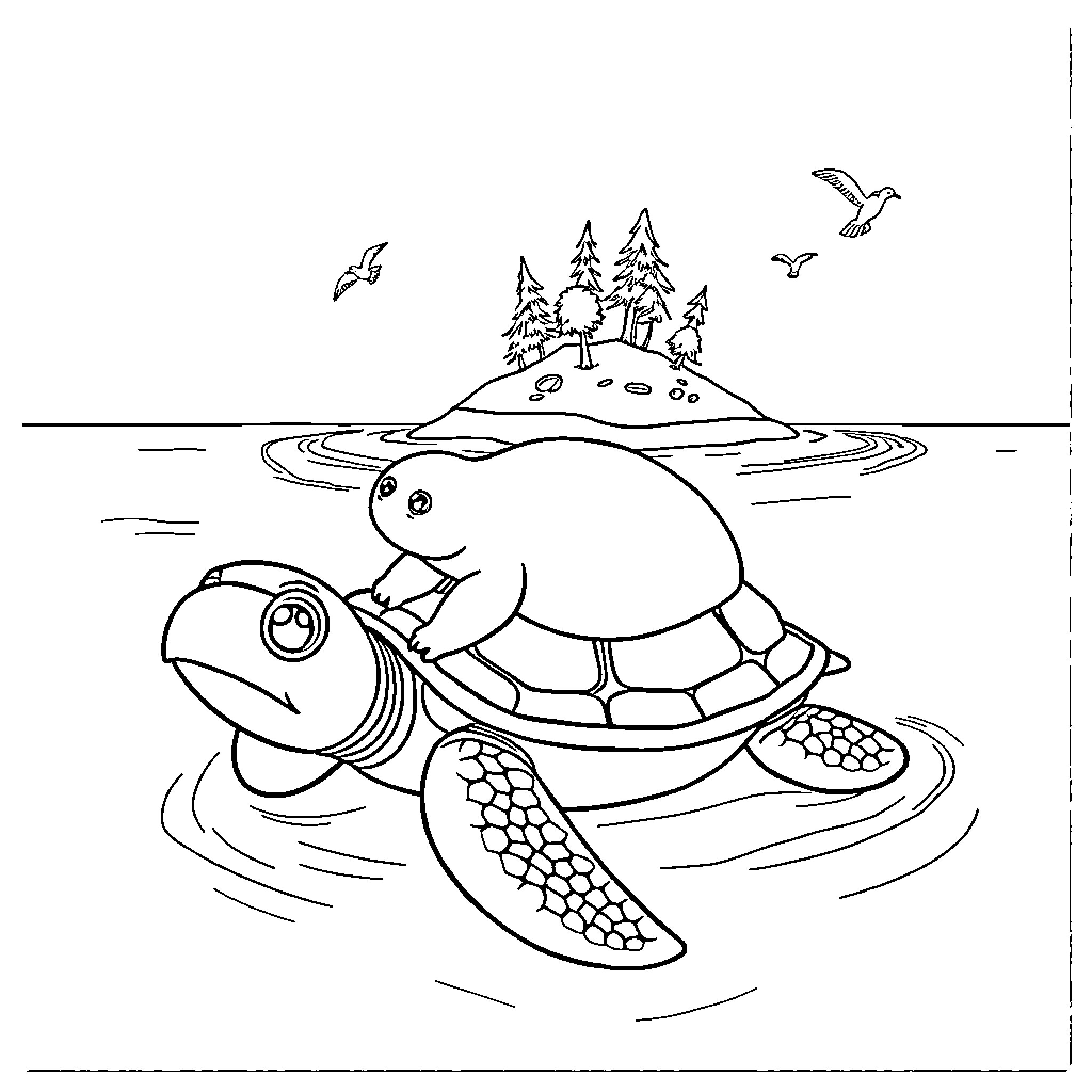 Turtle swimming in idyllic lake with birds Coloring Page (free black-and-white line drawing printable PDF for all, from beginners to advanced learners, including children, teens, adults, and seniors)
