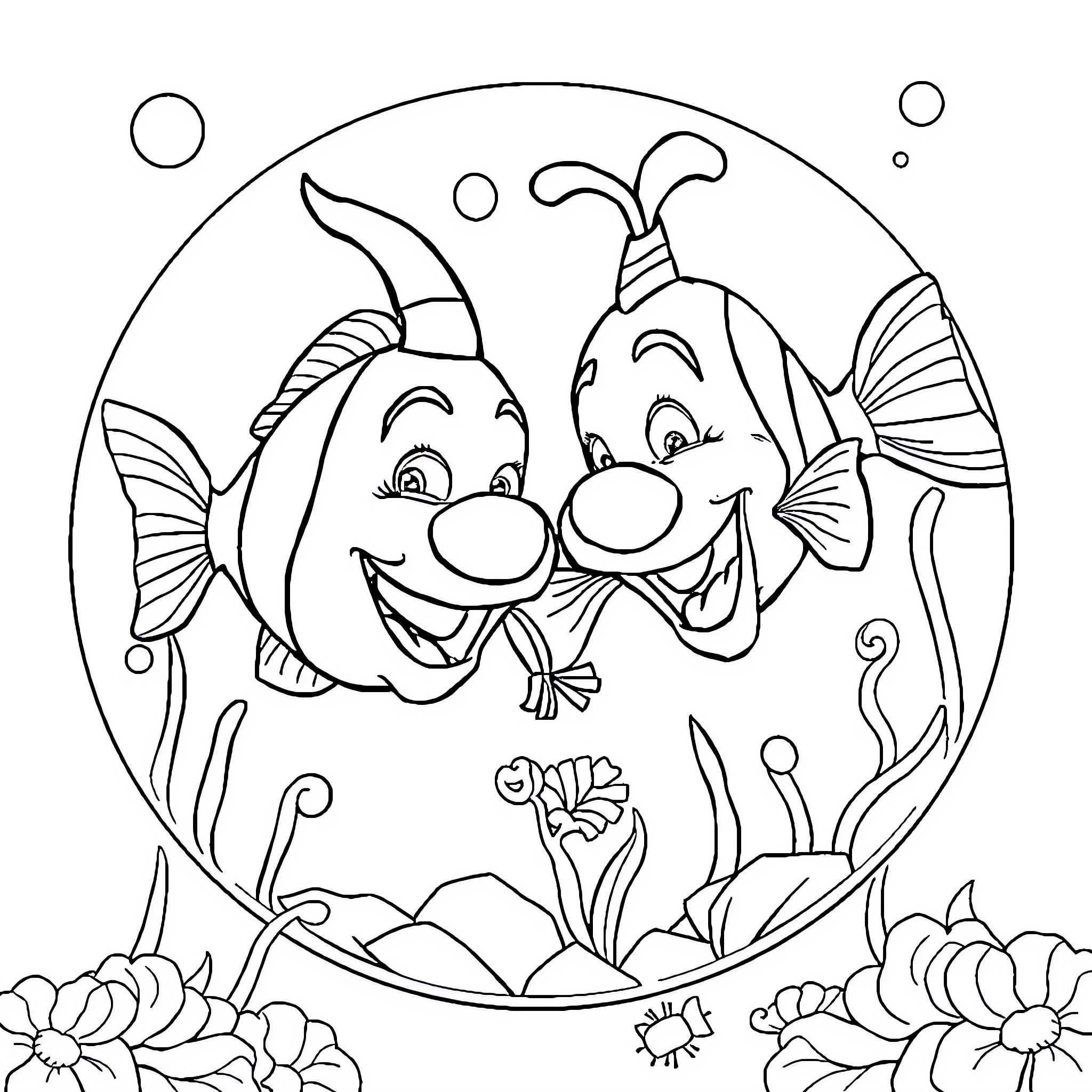Clownfish playing and smiling in underwater scene Coloring Page (free black-and-white line drawing printable PDF for all, from beginners to advanced learners, including children, teens, adults, and seniors)