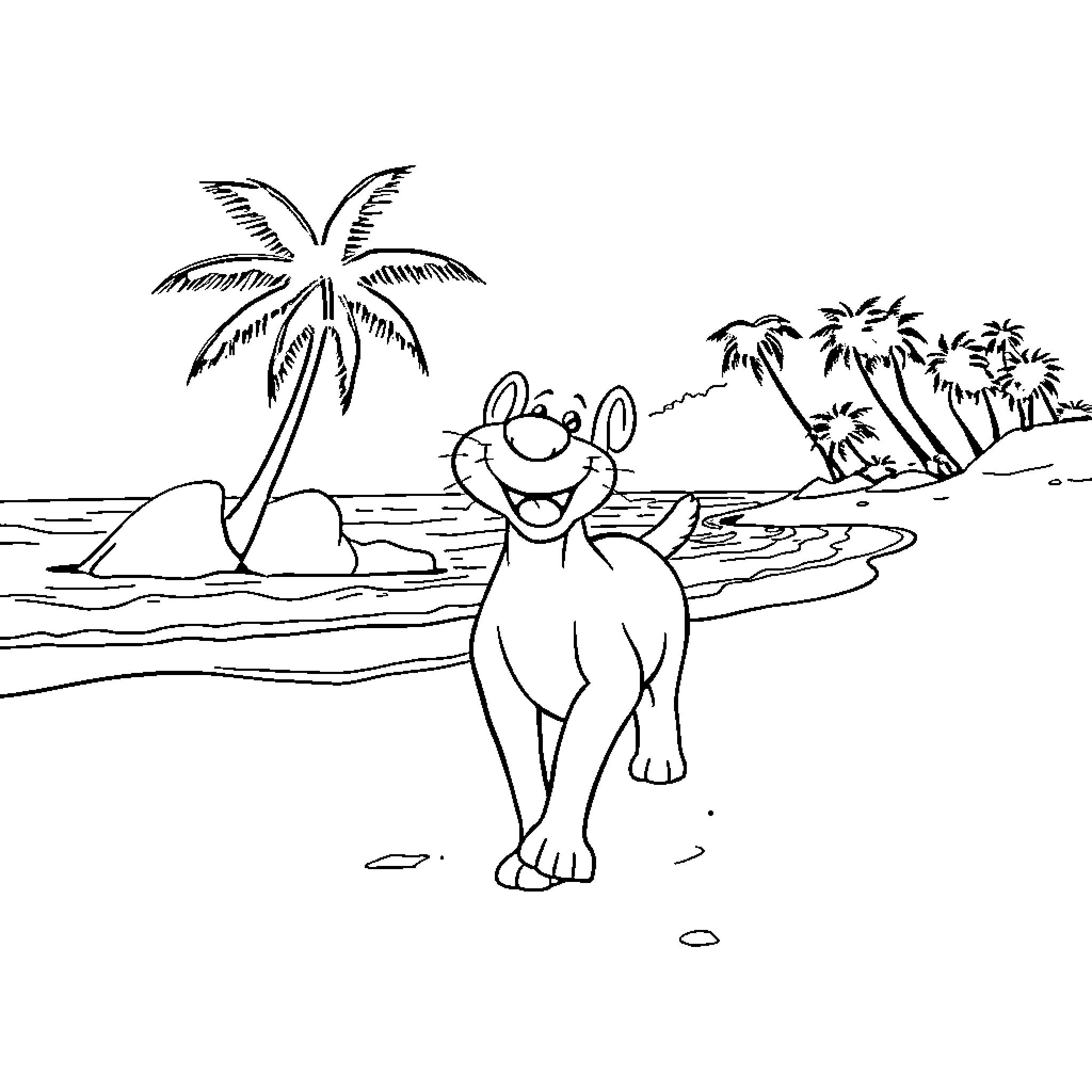 Jadoo's Tropical Beachside Adventure Coloring Page (free black-and-white line drawing printable PDF for all, from beginners to advanced learners, including children, teens, adults, and seniors)