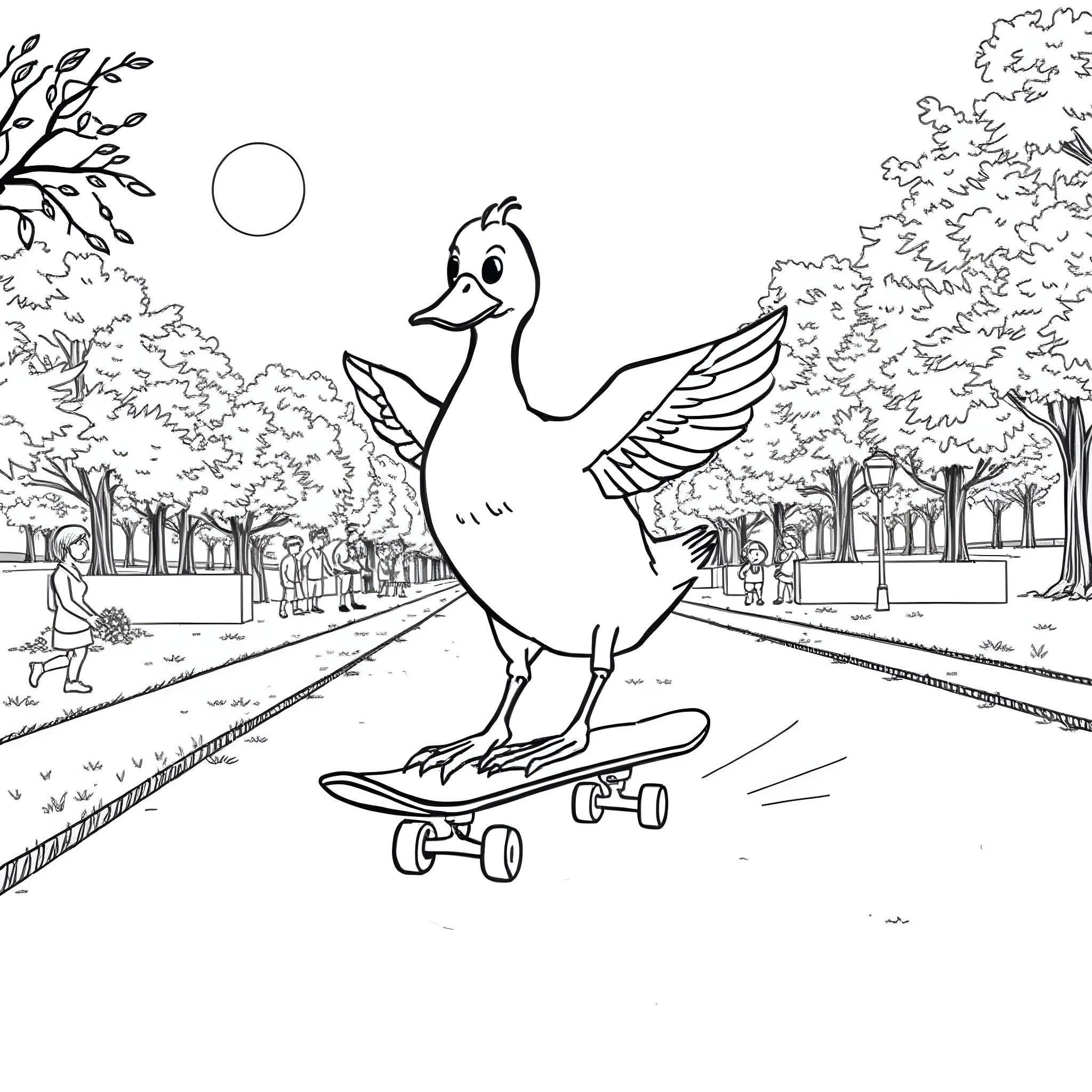 Duck riding skateboard in park Coloring Page (free black-and-white line drawing printable PDF for all, from beginners to advanced learners, including children, teens, adults, and seniors)