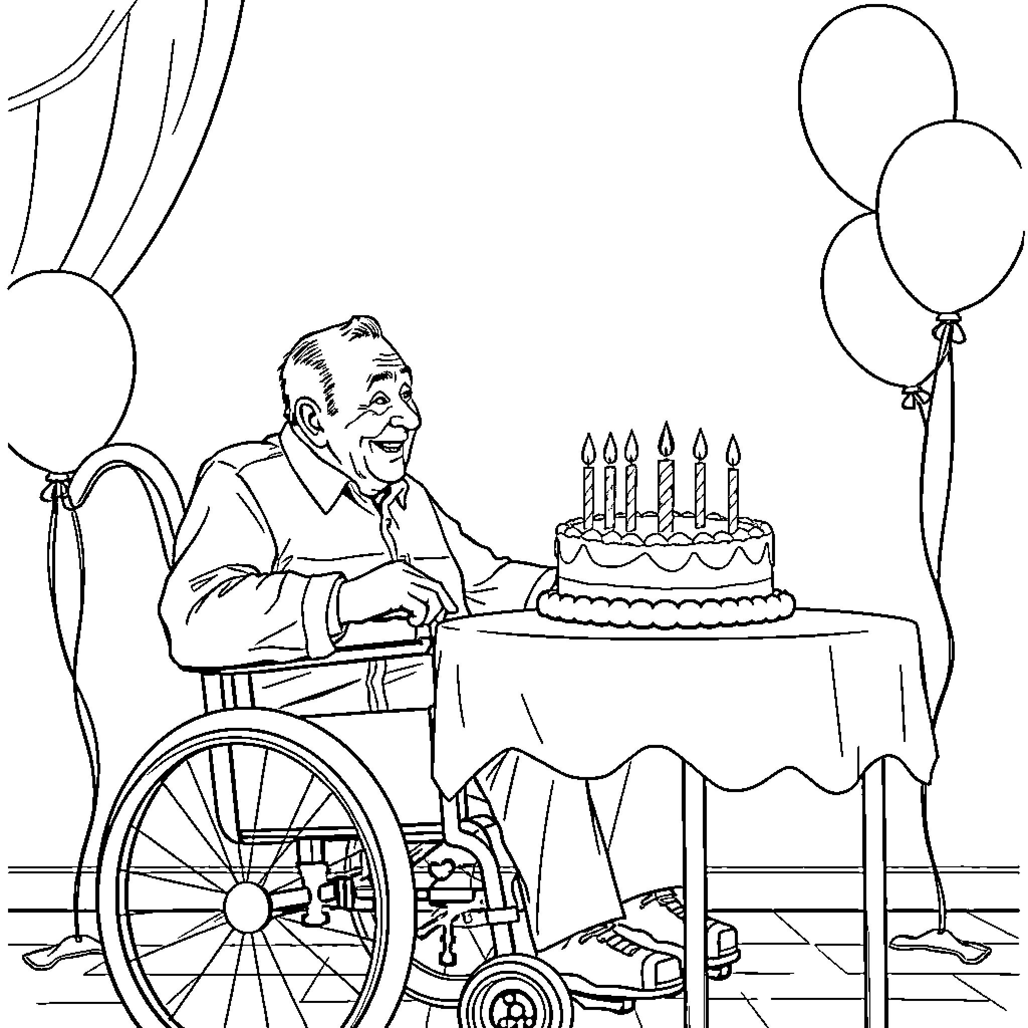 Gentleman celebrating birthday in wheelchair with cake and balloons Coloring Page (free black-and-white line drawing printable PDF for all, from beginners to advanced learners, including children, teens, adults, and seniors)