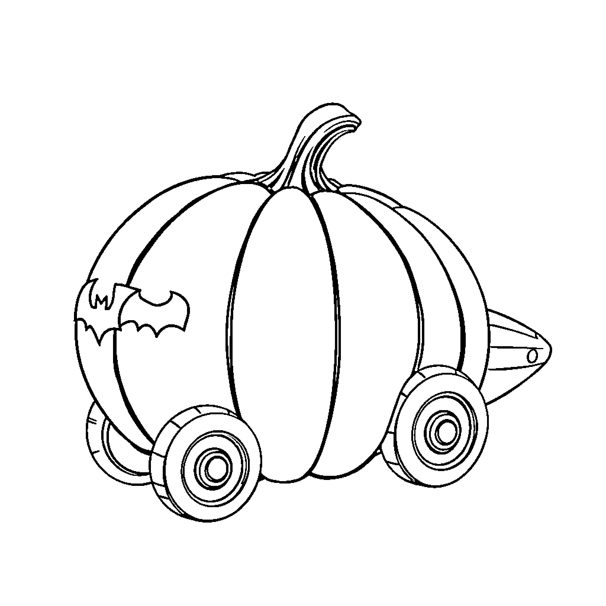 Pumpkin carriage with wheels and bat design Coloring Page (free black-and-white line drawing printable PDF for all, from beginners to advanced learners, including children, teens, adults, and seniors)