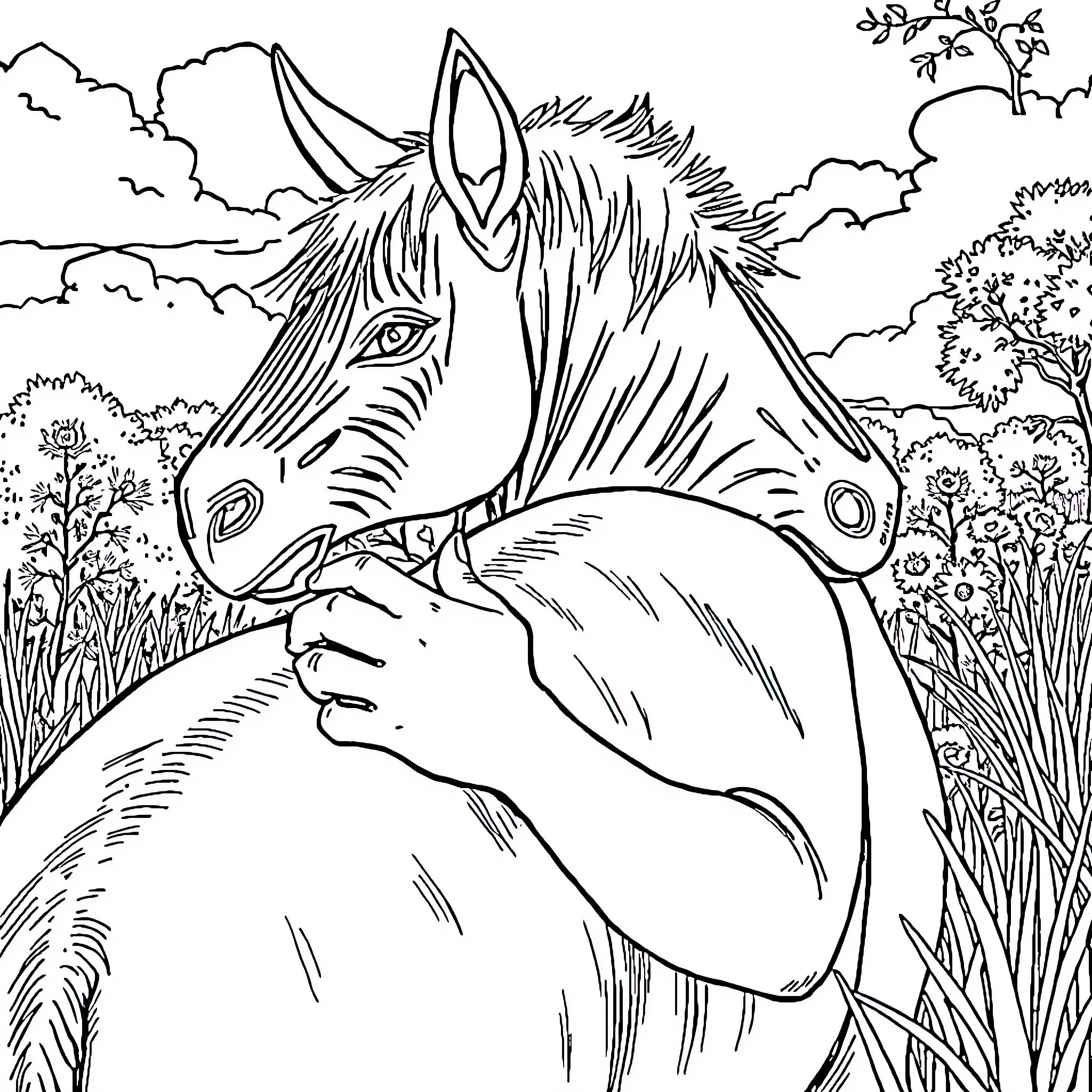 Mono Animal and Nature Scene Coloring Page (free black-and-white line drawing printable PDF for all, from beginners to advanced learners, including children, teens, adults, and seniors)