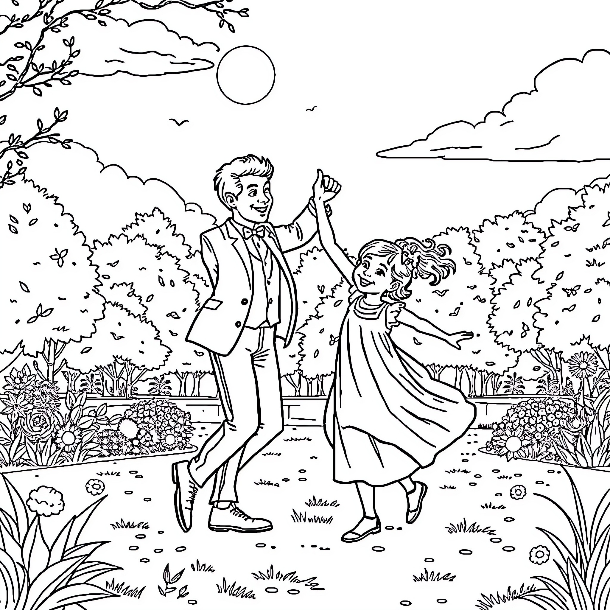 Vivo couple dancing in the garden Coloring Page (free black-and-white line drawing printable PDF for all, from beginners to advanced learners, including children, teens, adults, and seniors)