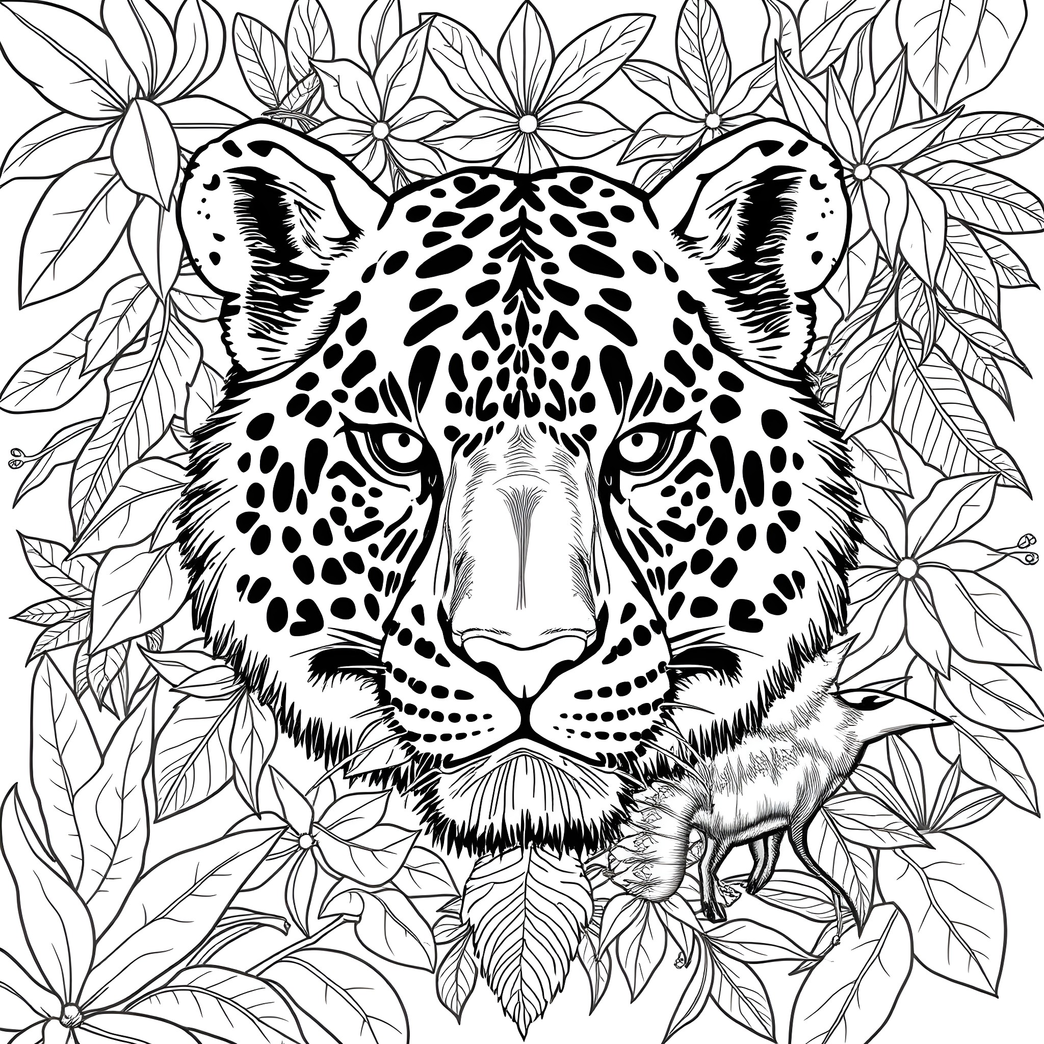 Animal Print Leopard in Floral Jungle Coloring Page (free black-and-white line drawing printable PDF for all, from beginners to advanced learners, including children, teens, adults, and seniors)