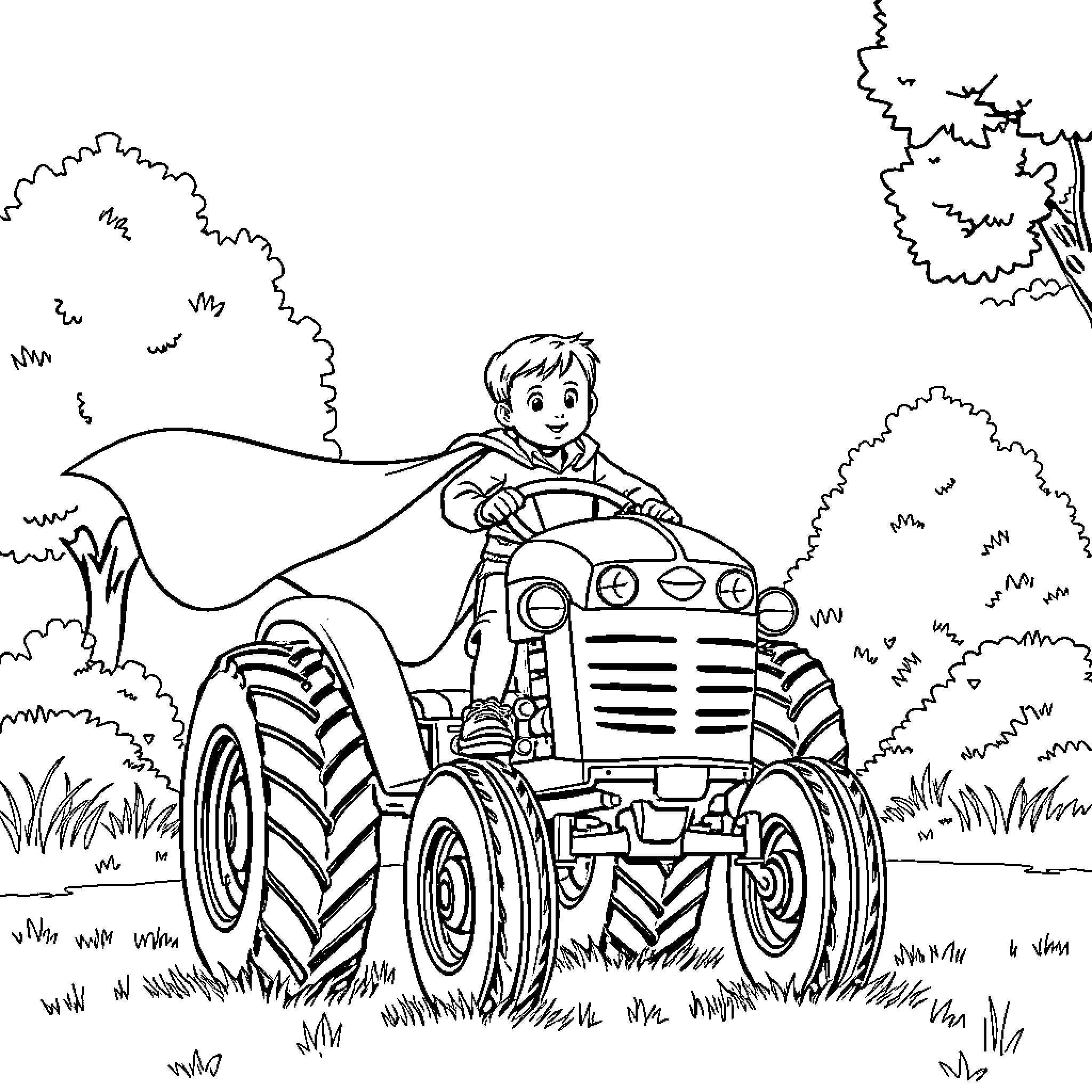 Boy riding a tractor in a rural landscape Coloring Page (free black-and-white line drawing printable PDF for all, from beginners to advanced learners, including children, teens, adults, and seniors)