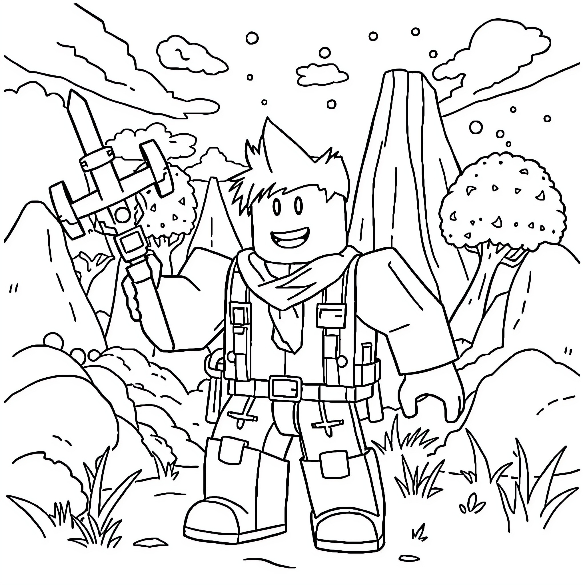 Roblox character exploring the outdoors Coloring Page (free black-and-white line drawing printable PDF for all, from beginners to advanced learners, including children, teens, adults, and seniors)