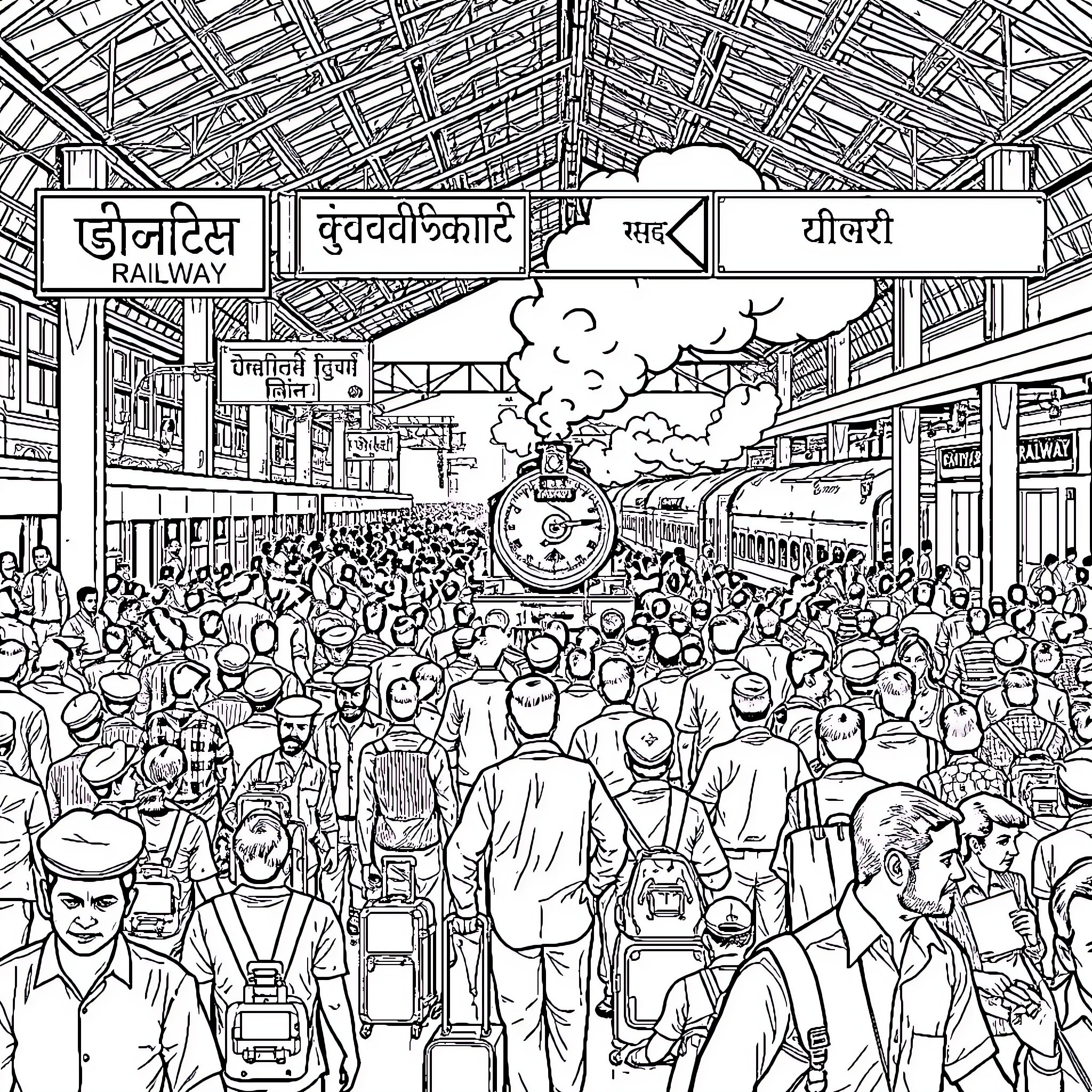 Railway Station Bustling with Commuters and Travelers Coloring Page (free black-and-white line drawing printable PDF for all, from beginners to advanced learners, including children, teens, adults, and seniors)