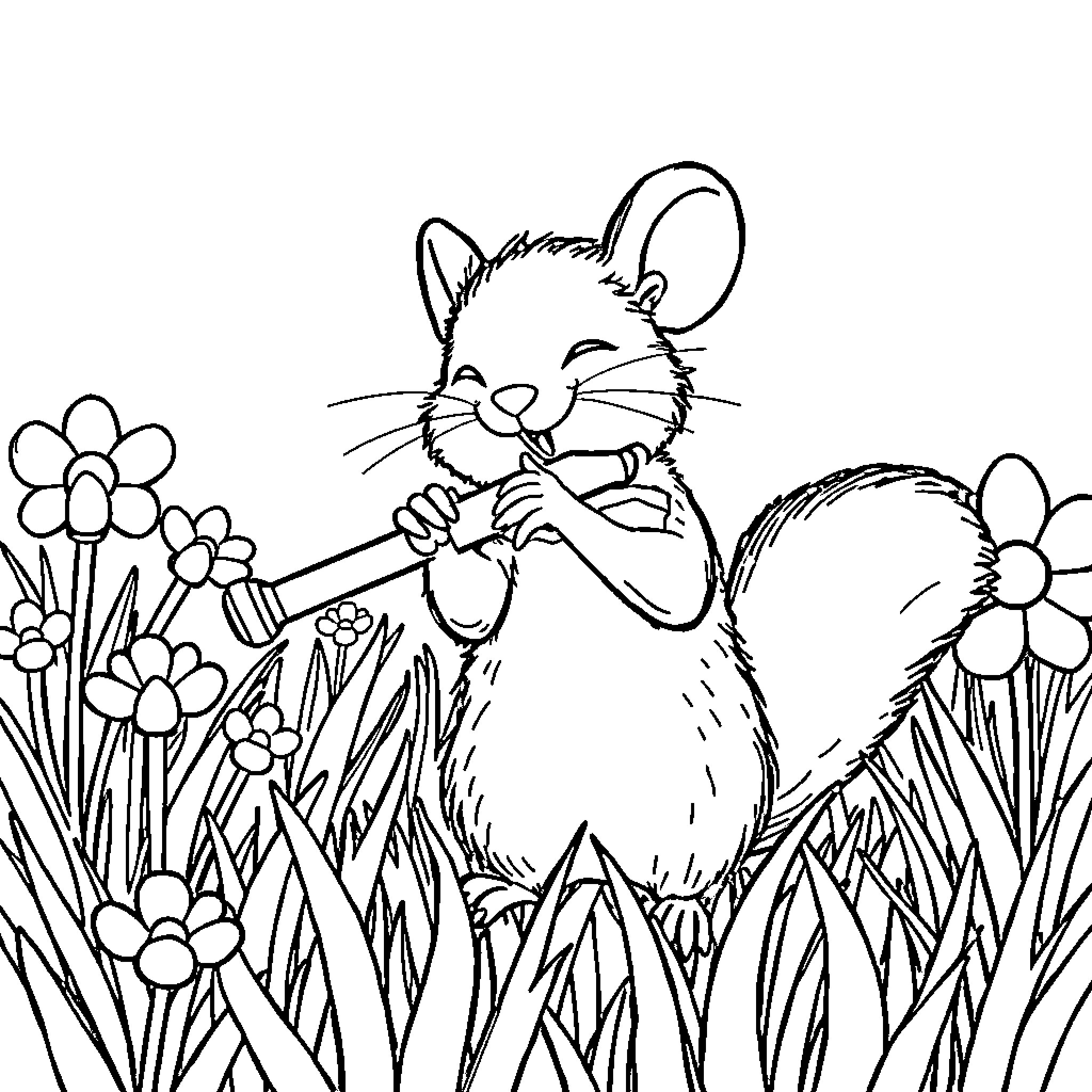 Mouse exploring a garden filled with flowers Coloring Page (free black-and-white line drawing printable PDF for all, from beginners to advanced learners, including children, teens, adults, and seniors)