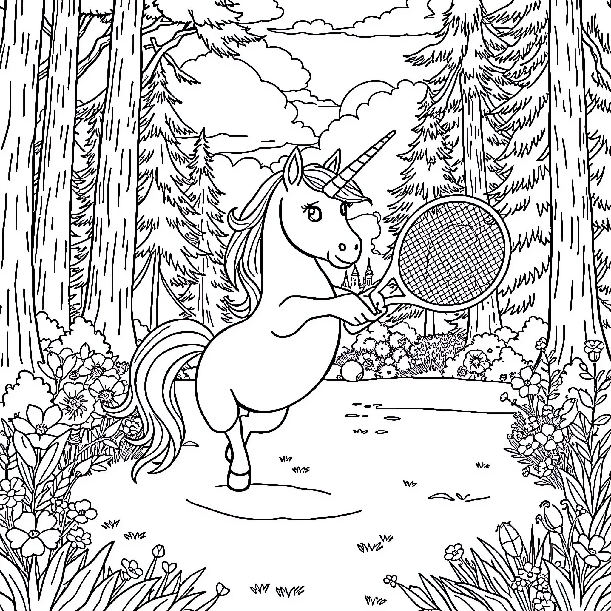 Unicorn playing tennis in the enchanted forest Coloring Page (free black-and-white line drawing printable PDF for all, from beginners to advanced learners, including children, teens, adults, and seniors)