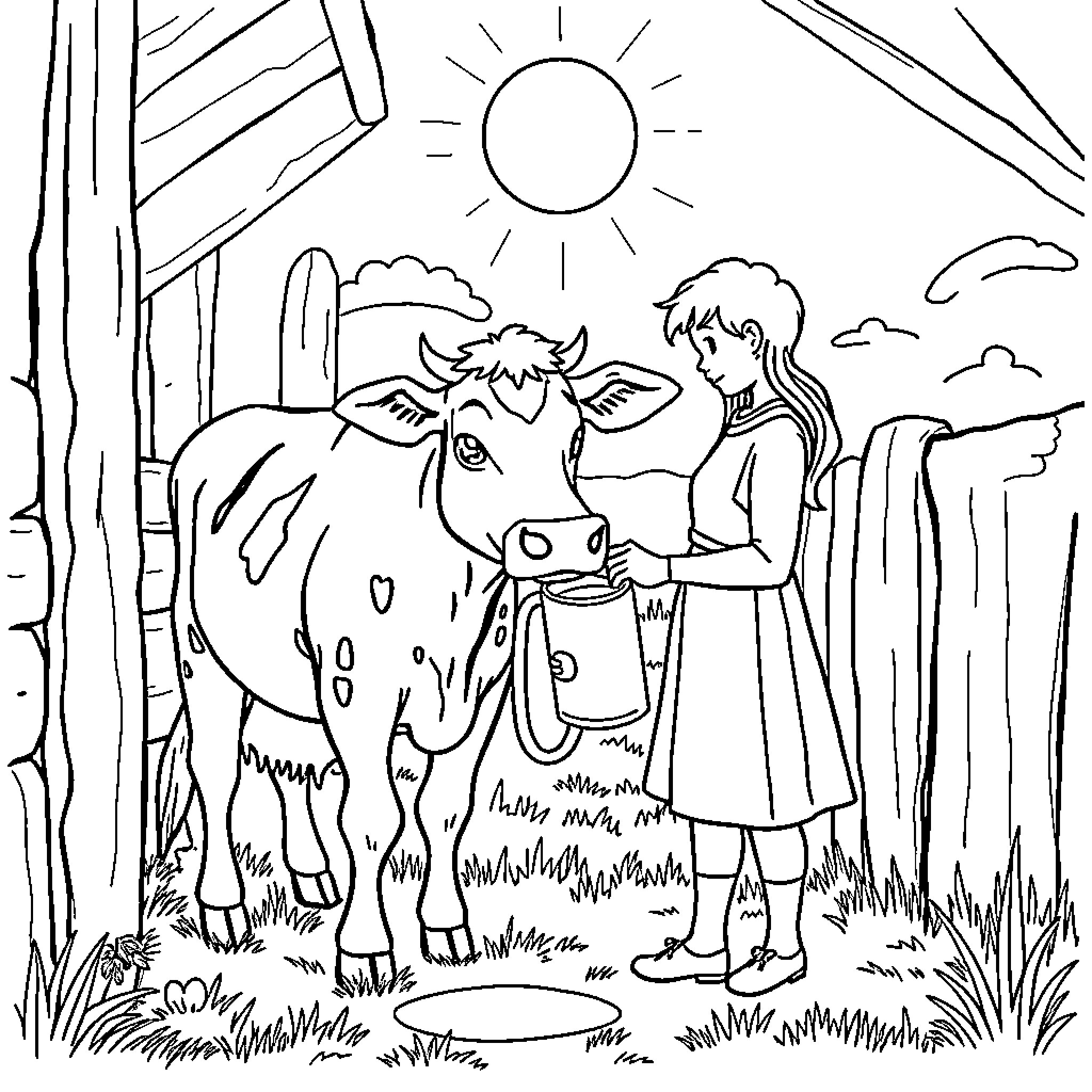Cow and girl enjoying the sunny day Coloring Page (free black-and-white line drawing printable PDF for all, from beginners to advanced learners, including children, teens, adults, and seniors)