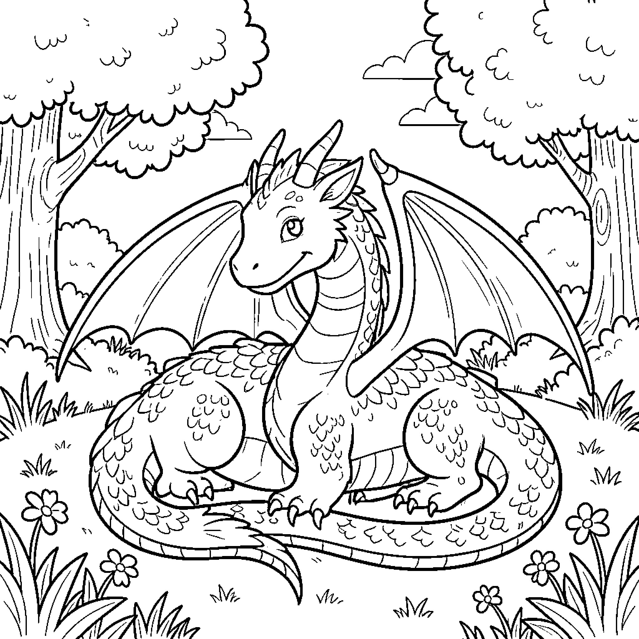 Dragon sitting peacefully in a forest clearing Coloring Page (free black-and-white line drawing printable PDF for all, from beginners to advanced learners, including children, teens, adults, and seniors)