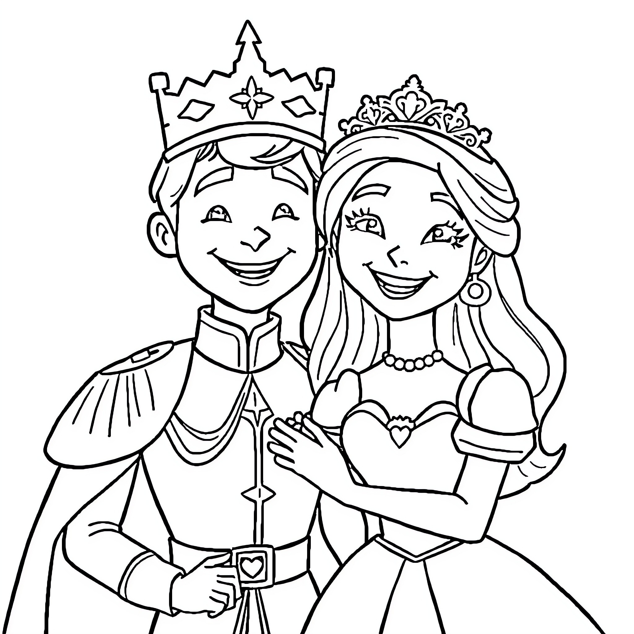 Prince and Princess in Royal Attire Embracing Coloring Page (free black-and-white line drawing printable PDF for all, from beginners to advanced learners, including children, teens, adults, and seniors)