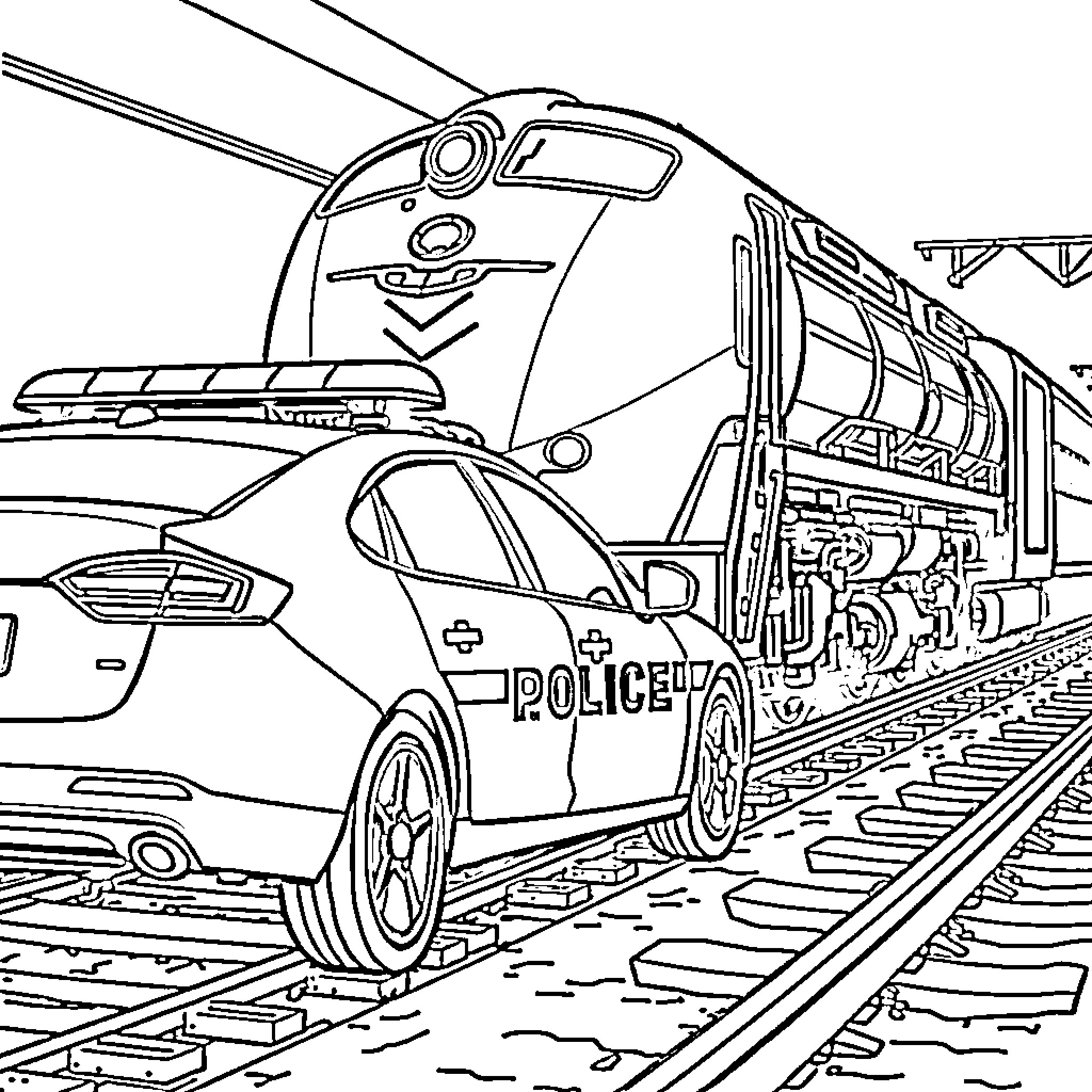 Police Car pursuing a suspect on the railway tracks Coloring Page (free black-and-white line drawing printable PDF for all, from beginners to advanced learners, including children, teens, adults, and seniors)