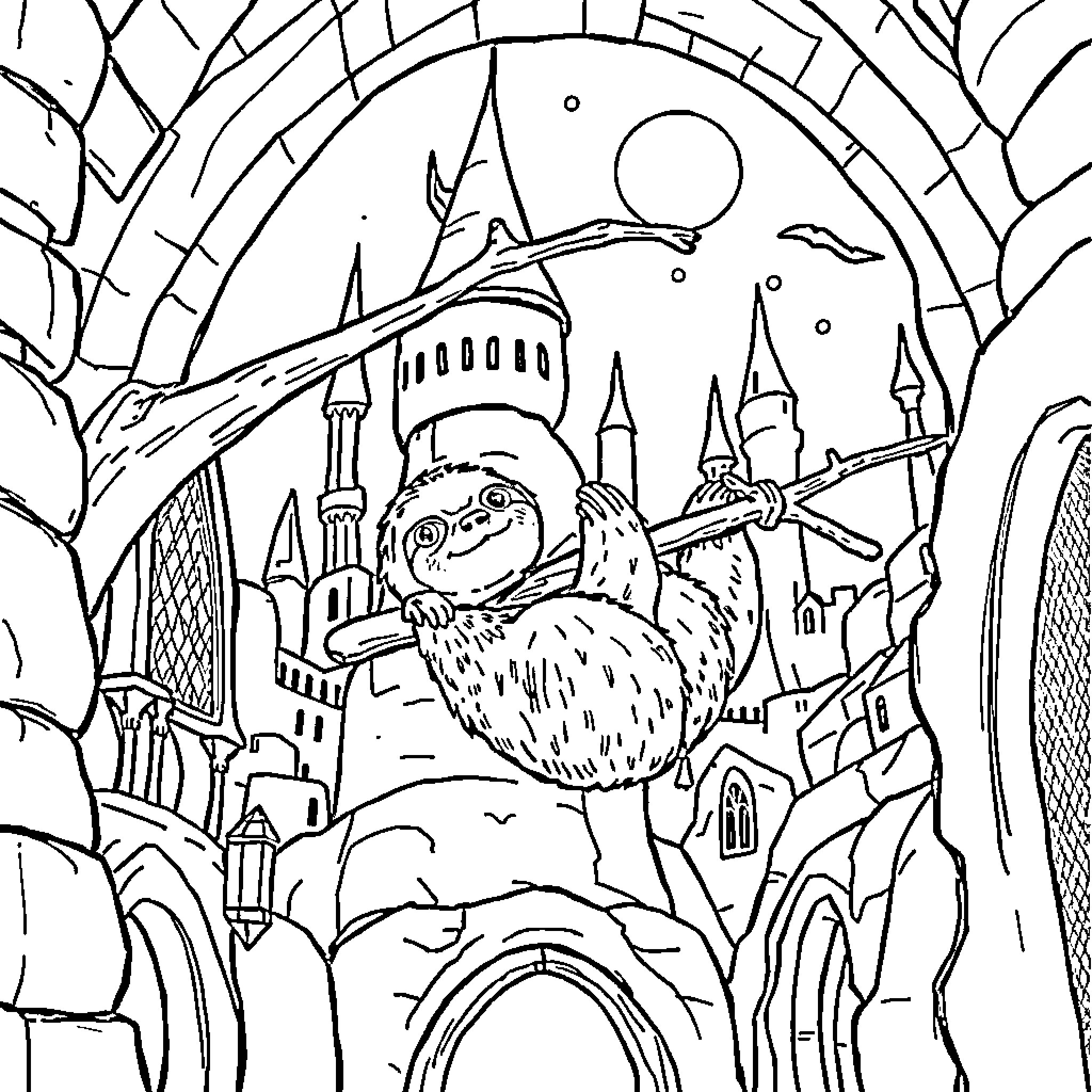 Sloth relaxing in a fantasy castle landscape Coloring Page (free black-and-white line drawing printable PDF for all, from beginners to advanced learners, including children, teens, adults, and seniors)