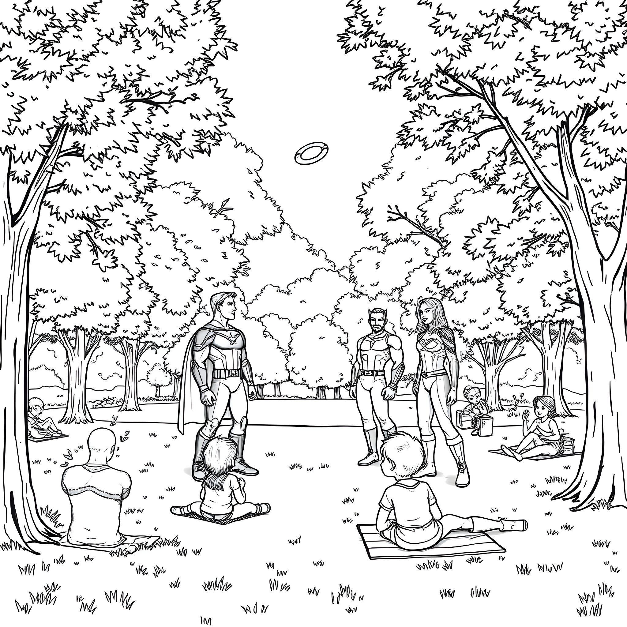 Avenger heroes engaging in outdoor activities Coloring Page (free black-and-white line drawing printable PDF for all, from beginners to advanced learners, including children, teens, adults, and seniors)