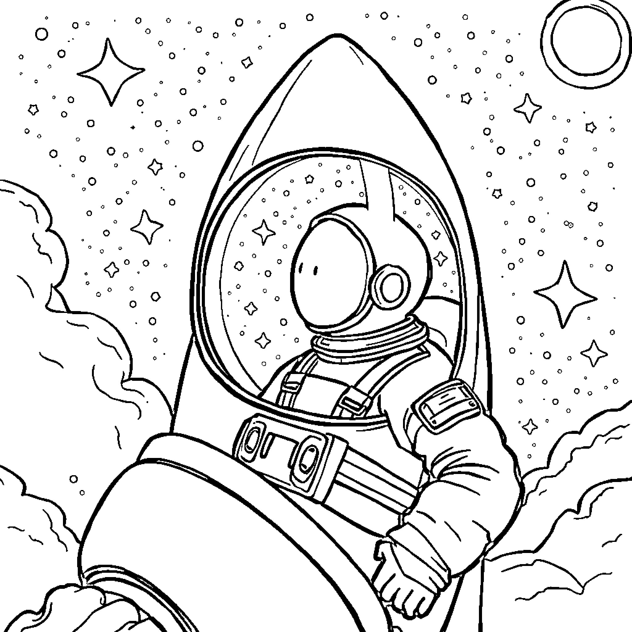 Astronaut exploring the starry cosmos Coloring Page (free black-and-white line drawing printable PDF for all, from beginners to advanced learners, including children, teens, adults, and seniors)