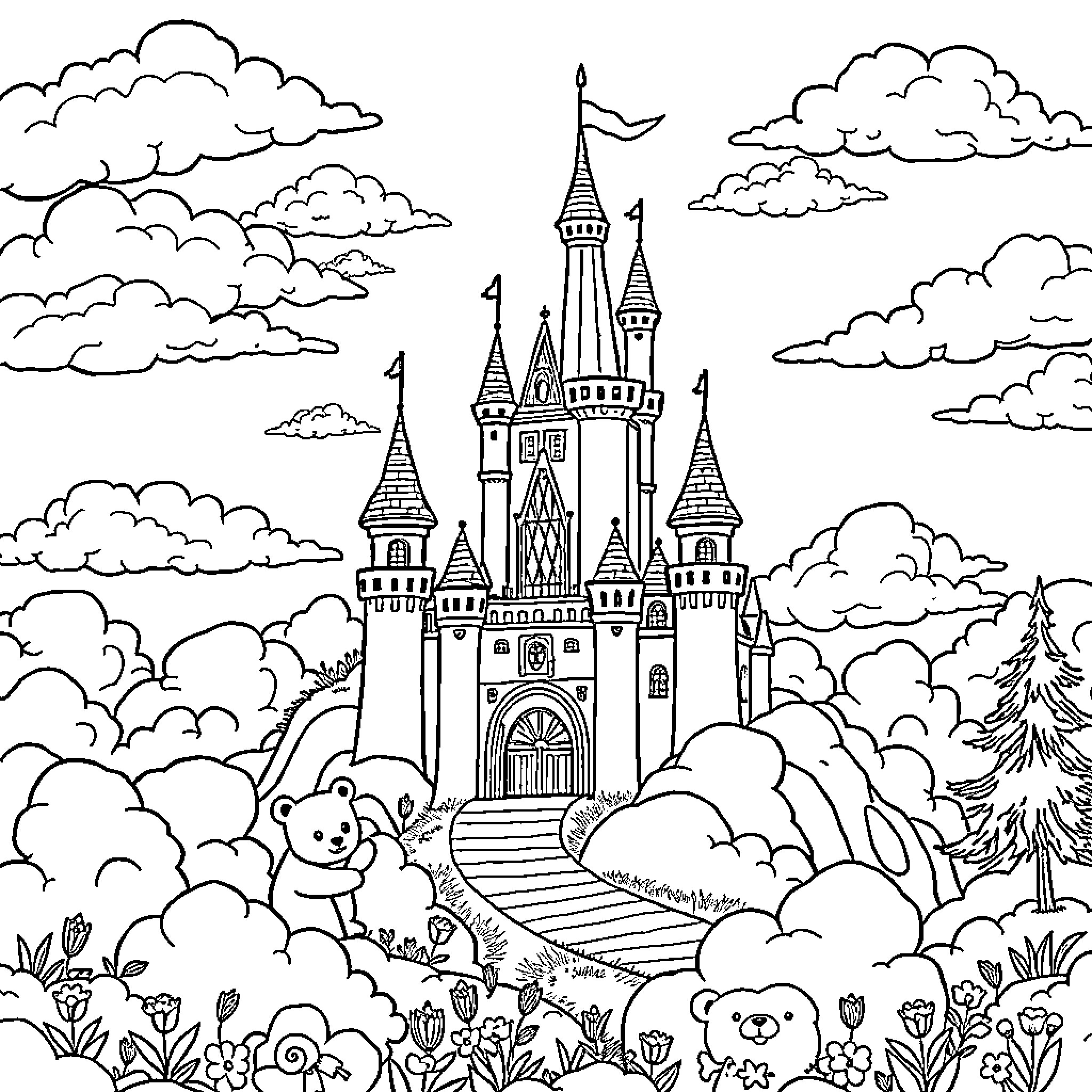 Castle with whimsical characters in a fantastical landscape Coloring Page (free black-and-white line drawing printable PDF for all, from beginners to advanced learners, including children, teens, adults, and seniors)