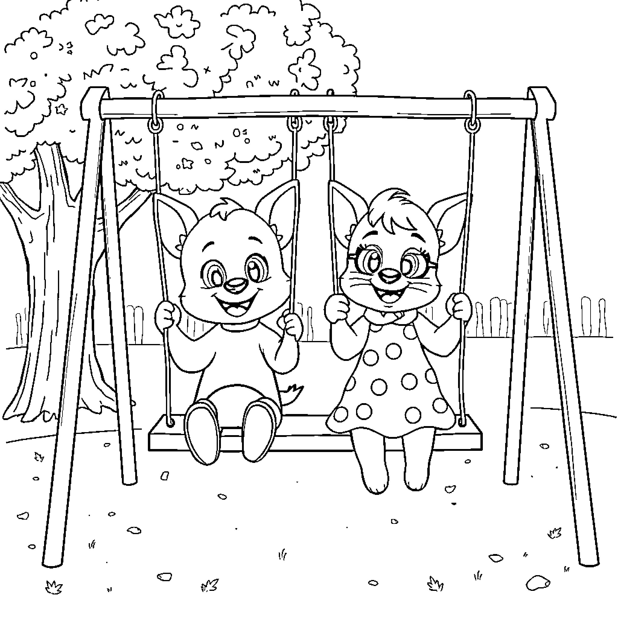 Bluey and friends play on the swingset Coloring Page (free black-and-white line drawing printable PDF for all, from beginners to advanced learners, including children, teens, adults, and seniors)