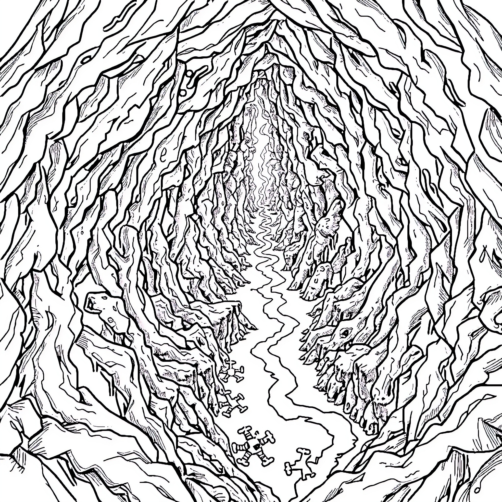 Ghost of a Mysterious Underground Cavern Coloring Page (free black-and-white line drawing printable PDF for all, from beginners to advanced learners, including children, teens, adults, and seniors)