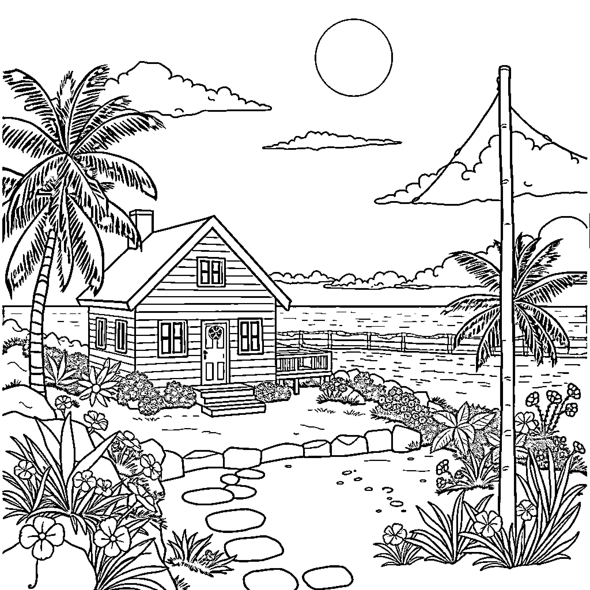Anime House with Tropical Scenery Coloring Page (free black-and-white line drawing printable PDF for all, from beginners to advanced learners, including children, teens, adults, and seniors)