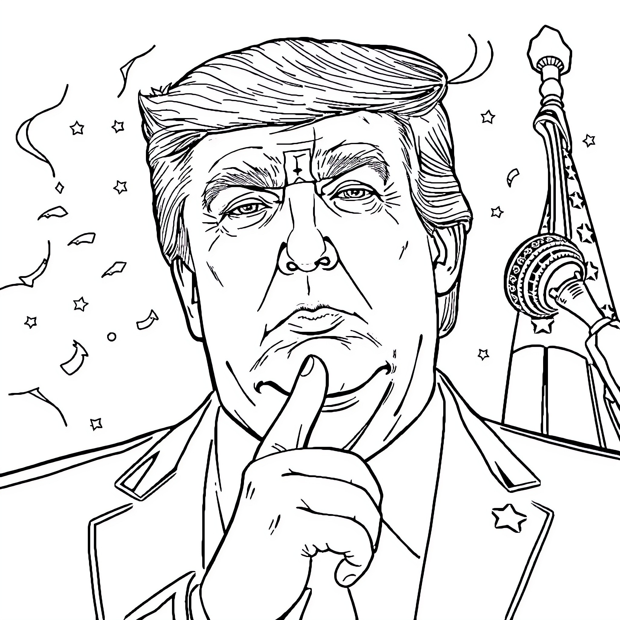 Donald Trump in Contemplative Pose with Eiffel Tower Coloring Page (free black-and-white line drawing printable PDF for all, from beginners to advanced learners, including children, teens, adults, and seniors)