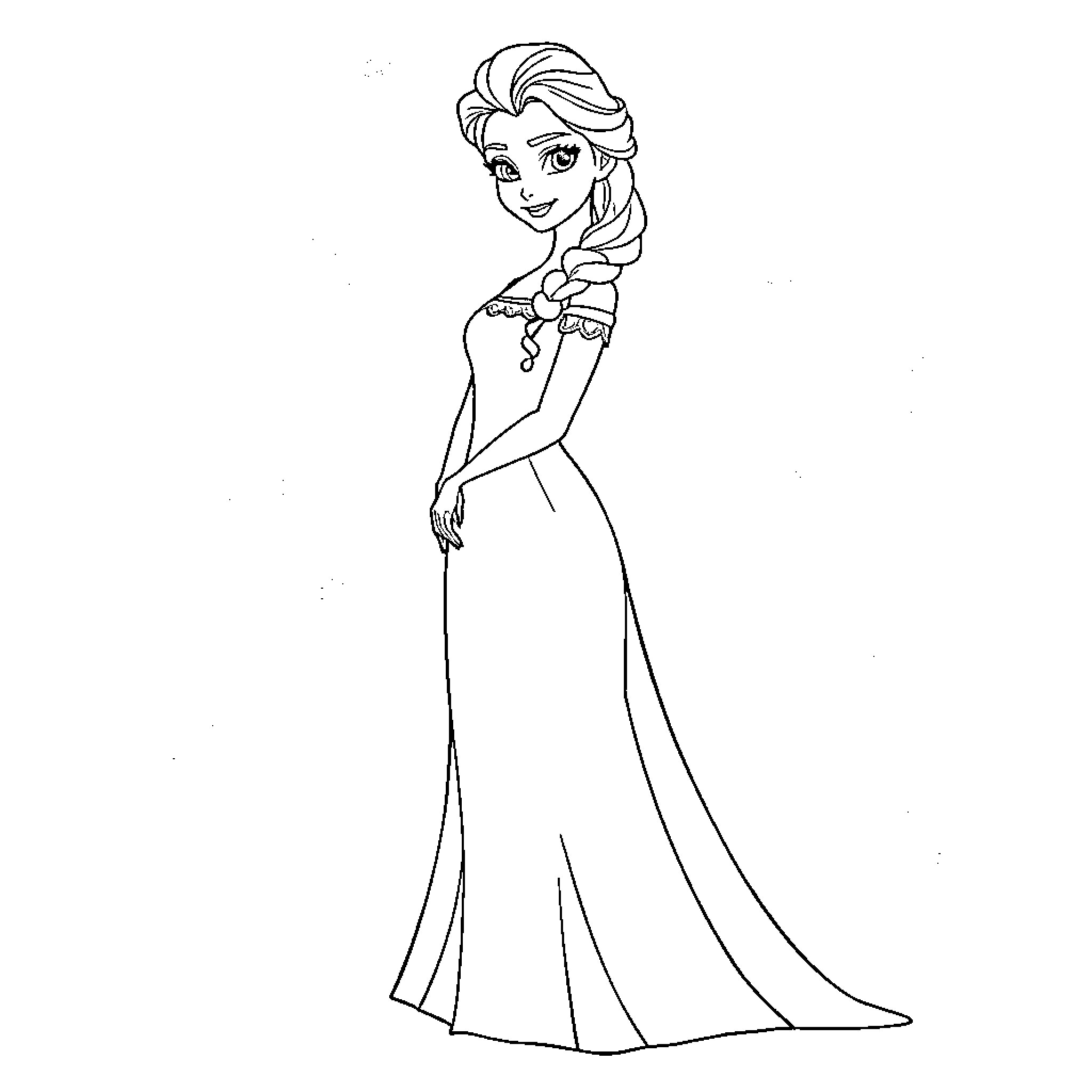 Elsa posing gracefully in her gown Coloring Page (free black-and-white line drawing printable PDF for all, from beginners to advanced learners, including children, teens, adults, and seniors)