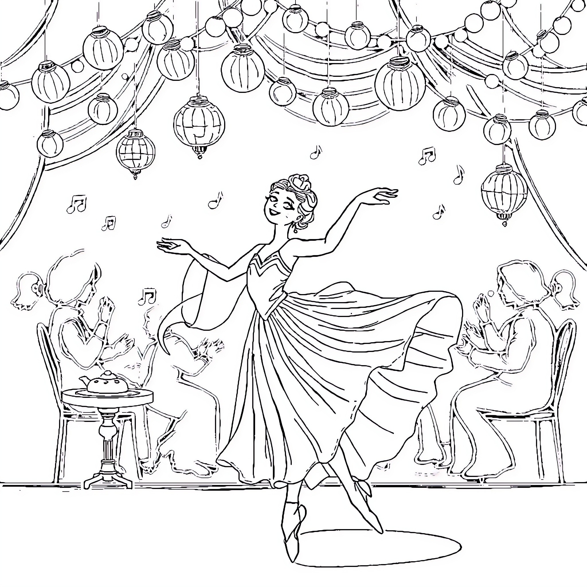 Ballerina Dancing Gracefully on Stage Coloring Page (free black-and-white line drawing printable PDF for all, from beginners to advanced learners, including children, teens, adults, and seniors)