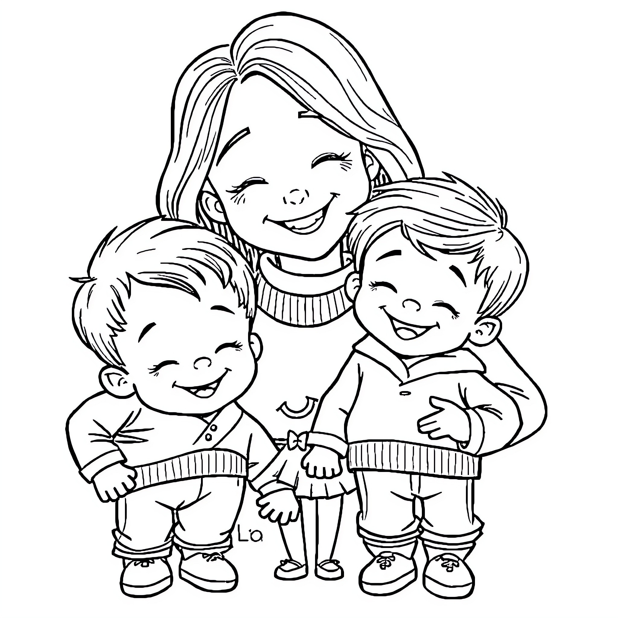Child smiling with two children in winter clothes Coloring Page (free black-and-white line drawing printable PDF for all, from beginners to advanced learners, including children, teens, adults, and seniors)