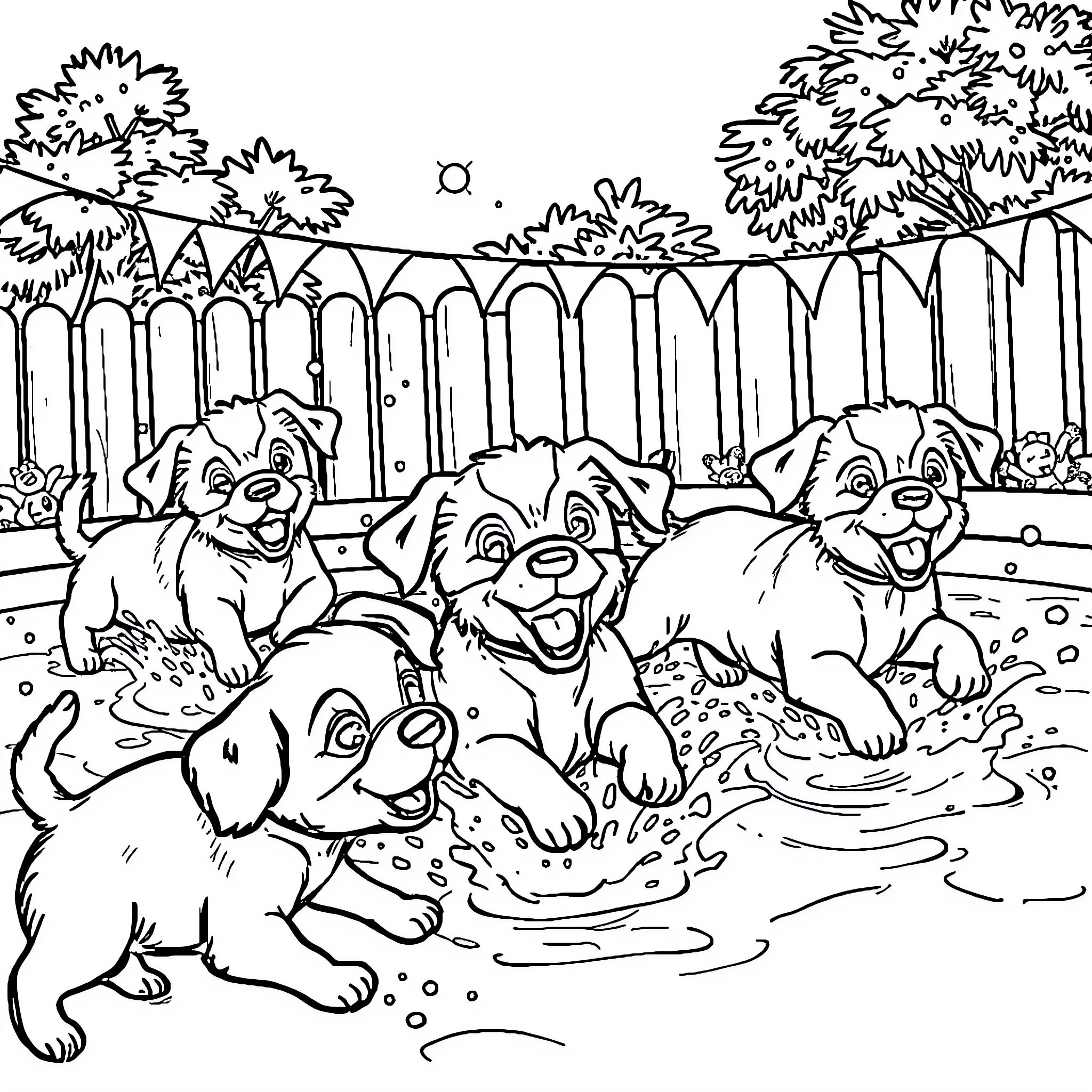 Puppies playing joyfully in the backyard Coloring Page (free black-and-white line drawing printable PDF for all, from beginners to advanced learners, including children, teens, adults, and seniors)
