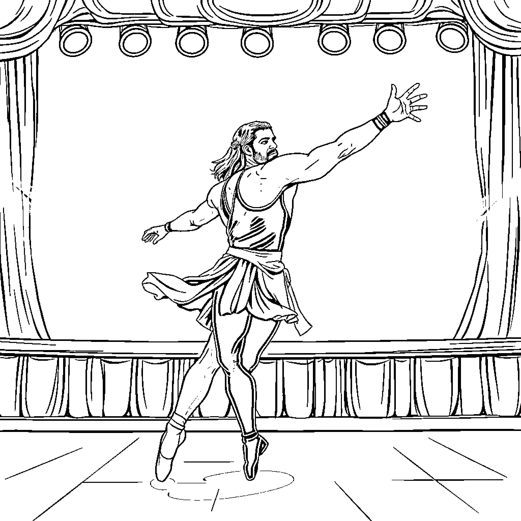 Roman Reigns Performing on Stage with Theatrical Gestures Coloring Page (free black-and-white line drawing printable PDF for all, from beginners to advanced learners, including children, teens, adults, and seniors)