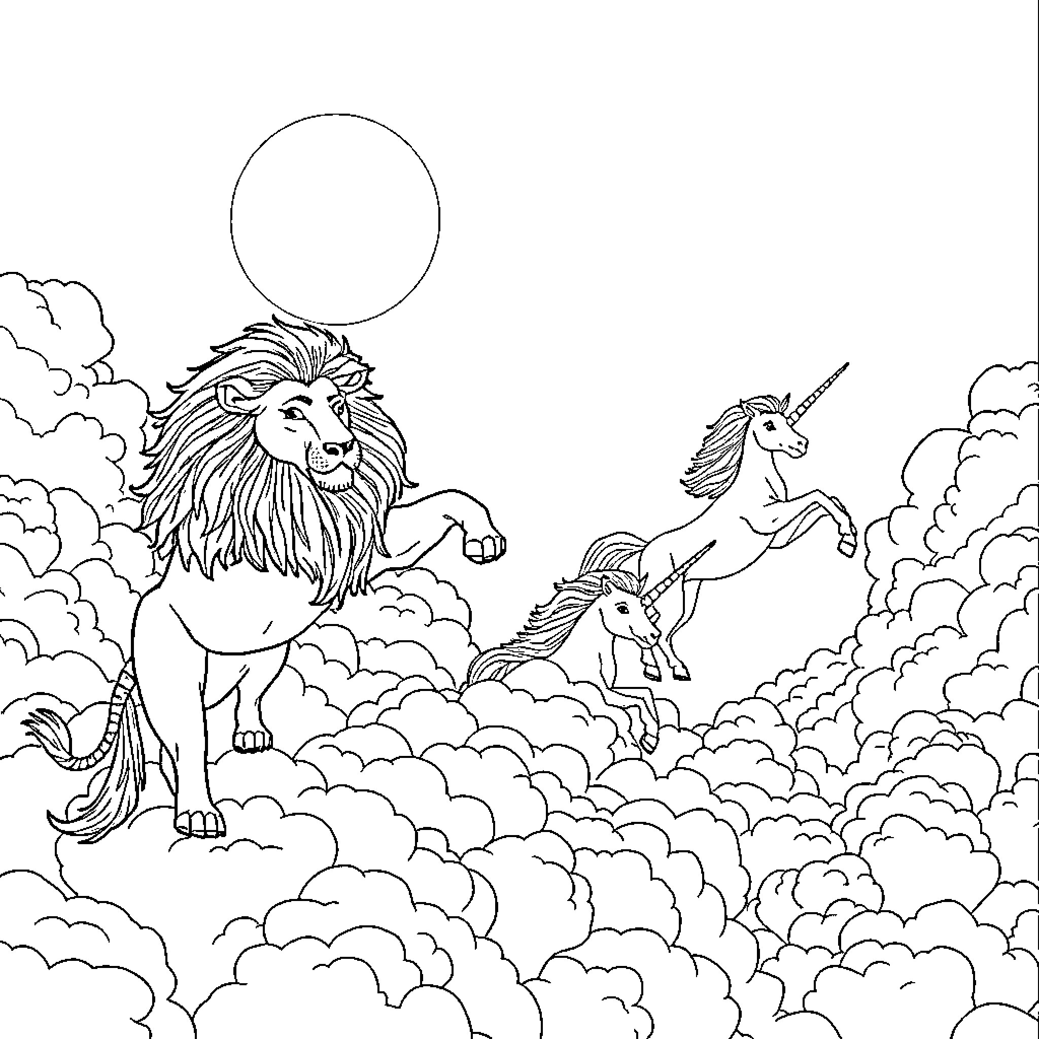Lion and Unicorn in the Clouds Coloring Page (free black-and-white line drawing printable PDF for all, from beginners to advanced learners, including children, teens, adults, and seniors)