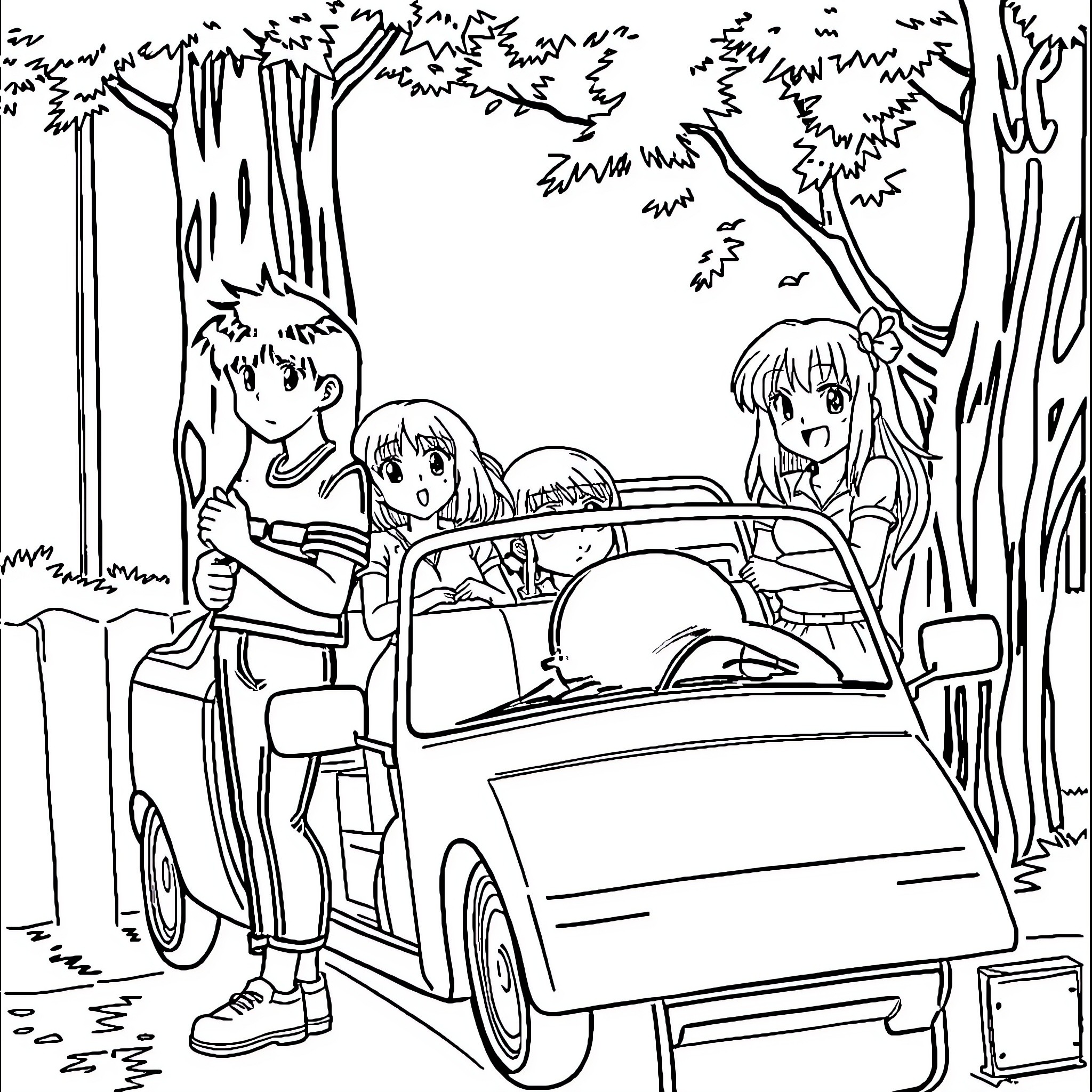 Ranma 1/2 characters in a car on a forest road Coloring Page (free black-and-white line drawing printable PDF for all, from beginners to advanced learners, including children, teens, adults, and seniors)