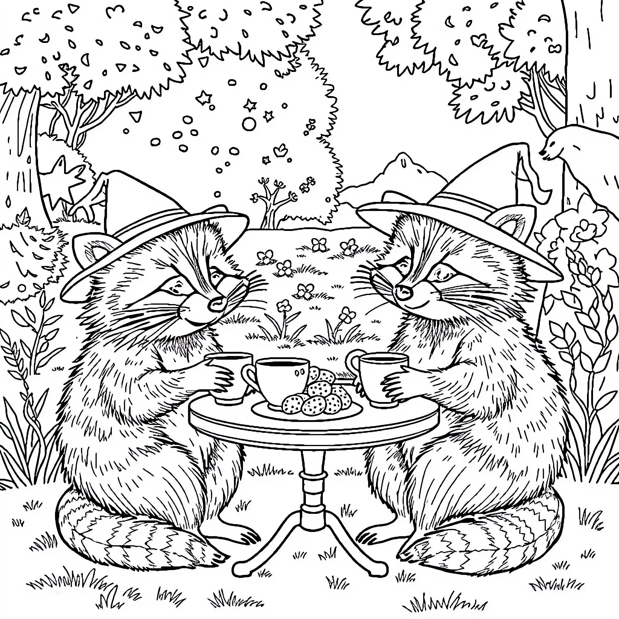Raccoon friends enjoying a cozy tea break in the forest Coloring Page (free black-and-white line drawing printable PDF for all, from beginners to advanced learners, including children, teens, adults, and seniors)