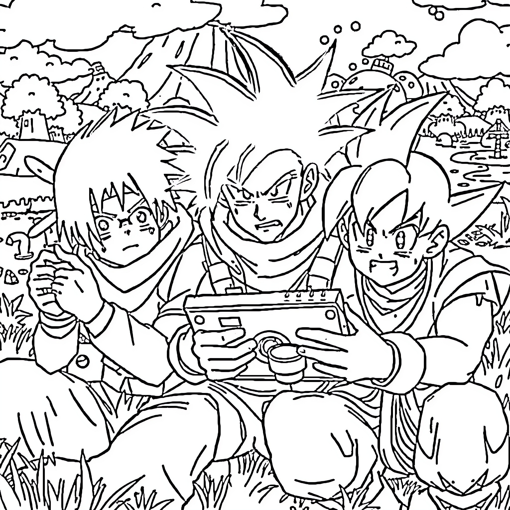 Itachi Uchiha and friends in an adventurous outdoor setting Coloring Page (free black-and-white line drawing printable PDF for all, from beginners to advanced learners, including children, teens, adults, and seniors)