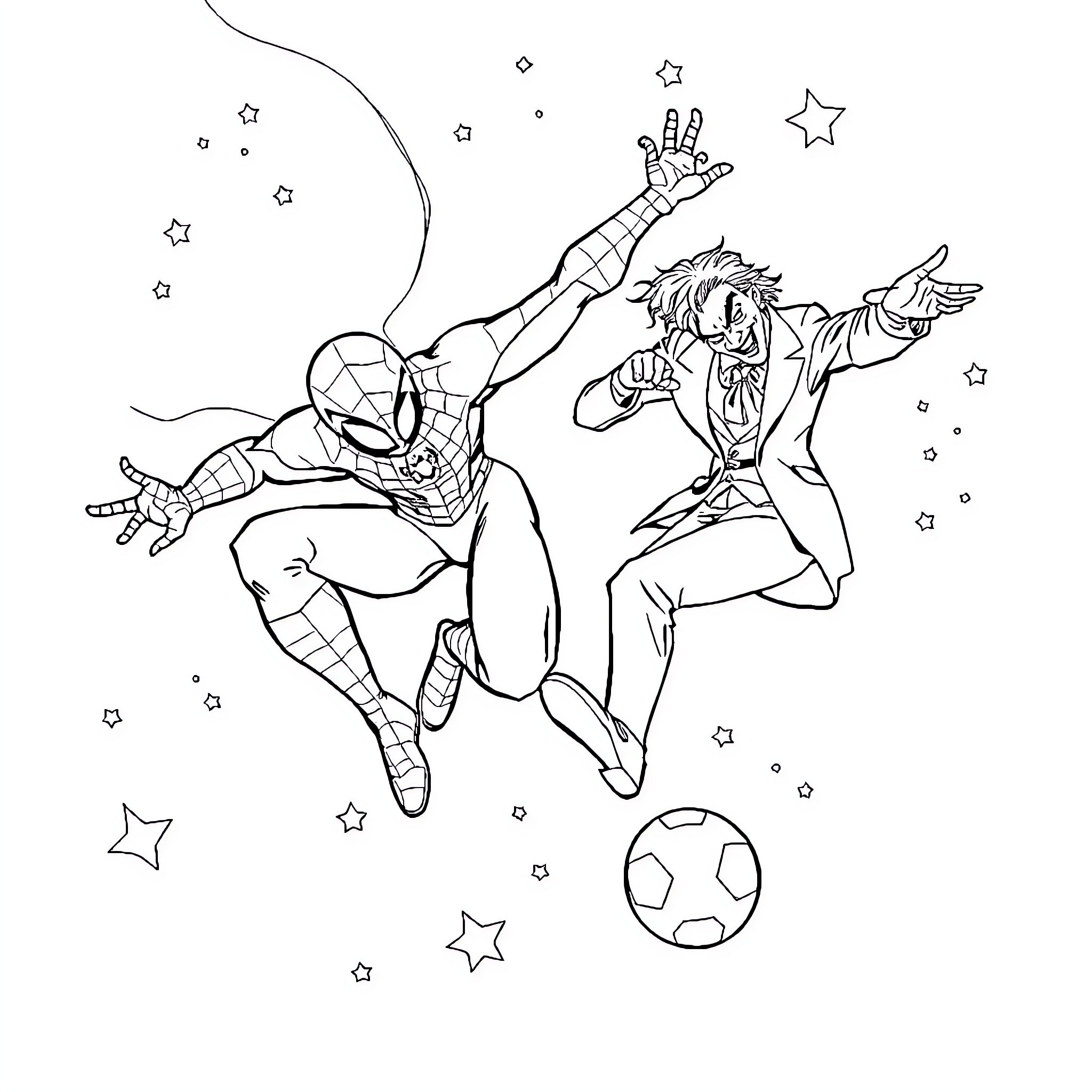 Spiderman and friend in action-packed scene Coloring Page (free black-and-white line drawing printable PDF for all, from beginners to advanced learners, including children, teens, adults, and seniors)